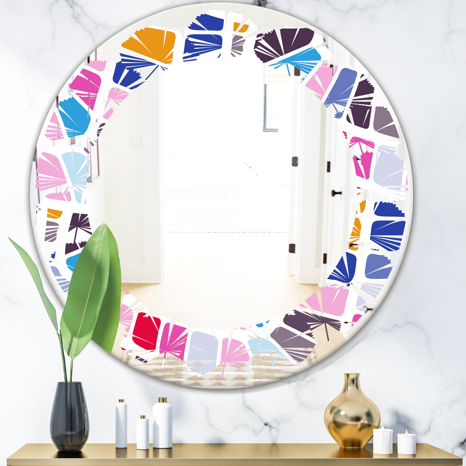 Abstract Retro Geometric Pattern I - Modern Round or Oval Wall Mirror - Leaves