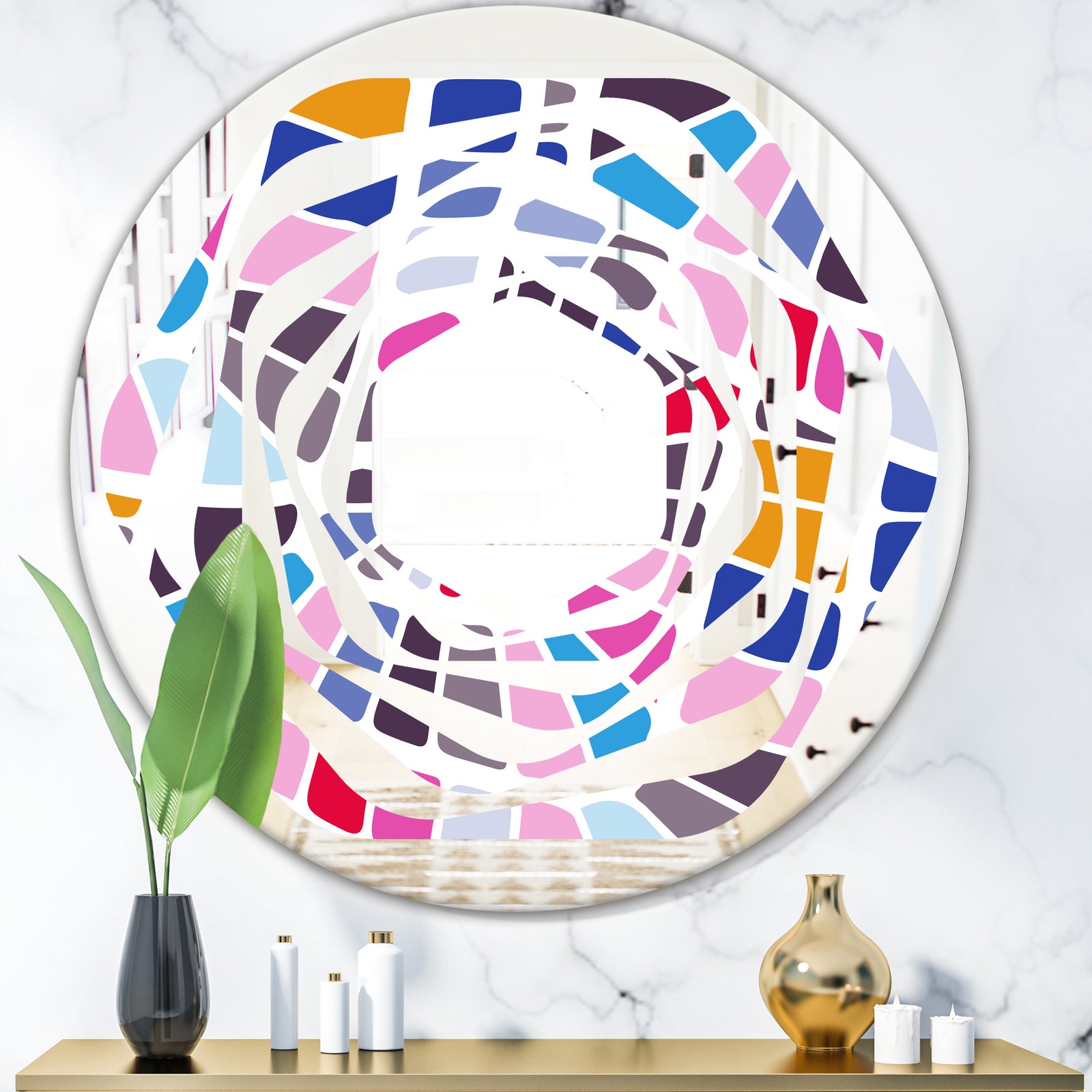 Abstract Retro Geometric Pattern I - Modern Round or Oval Wall Mirror - Whirl