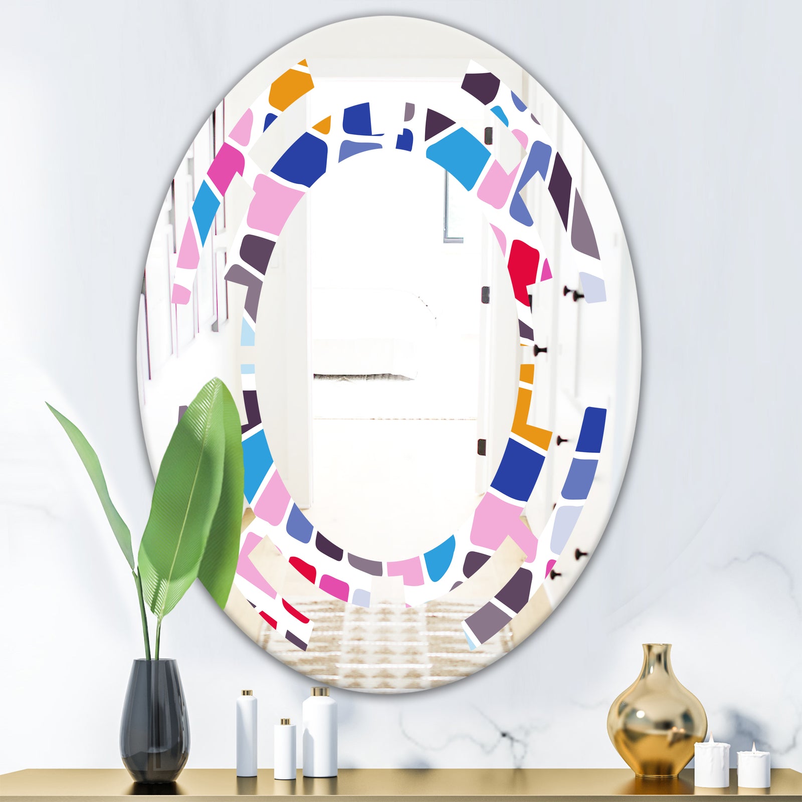 Abstract Retro Geometric Pattern I - Modern Round or Oval Wall Mirror - Space