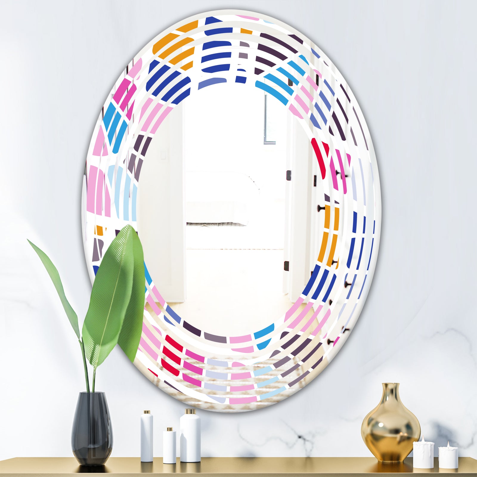 Abstract Retro Geometric Pattern I - Modern Round or Oval Wall Mirror - Wave