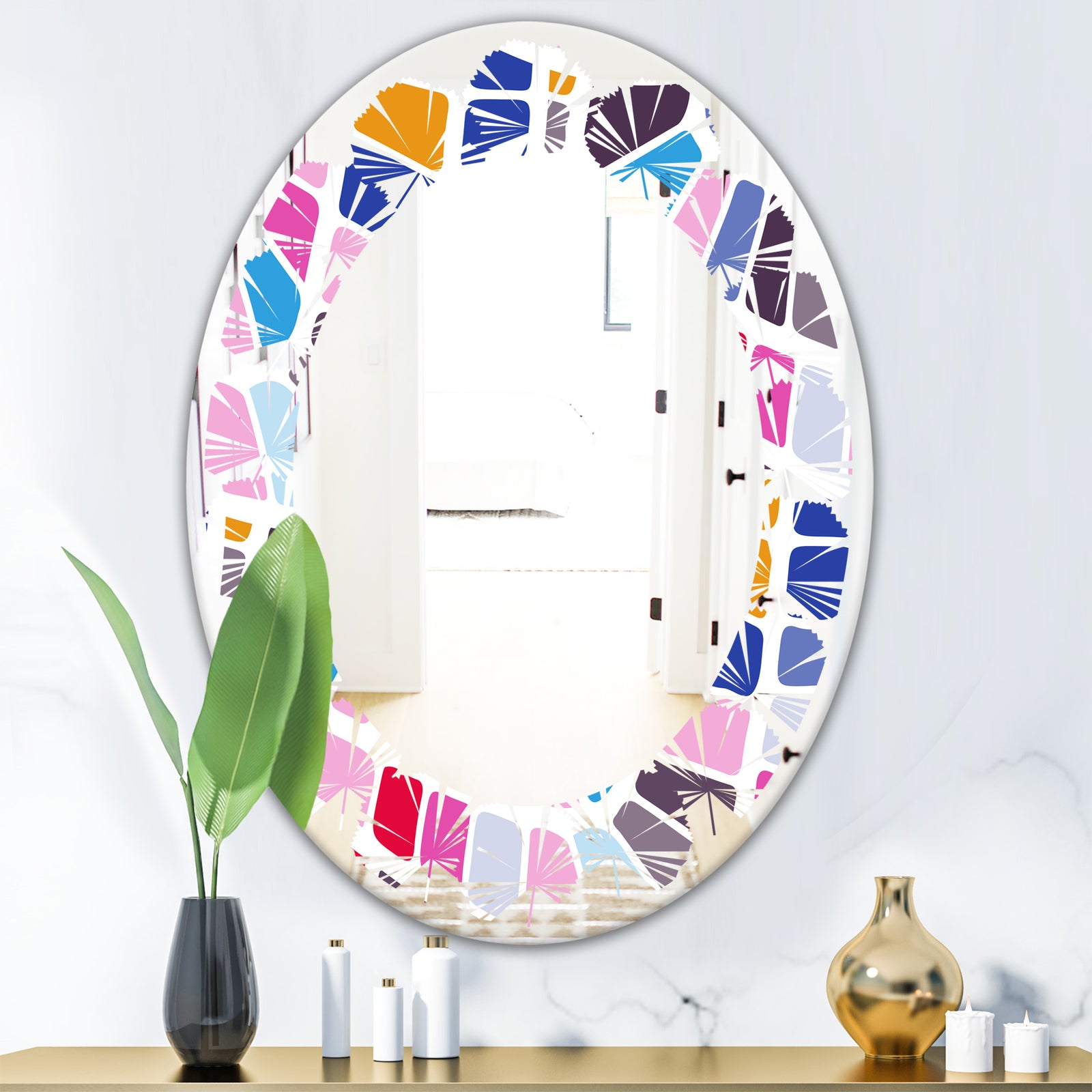 Abstract Retro Geometric Pattern I - Modern Round or Oval Wall Mirror - Leaves