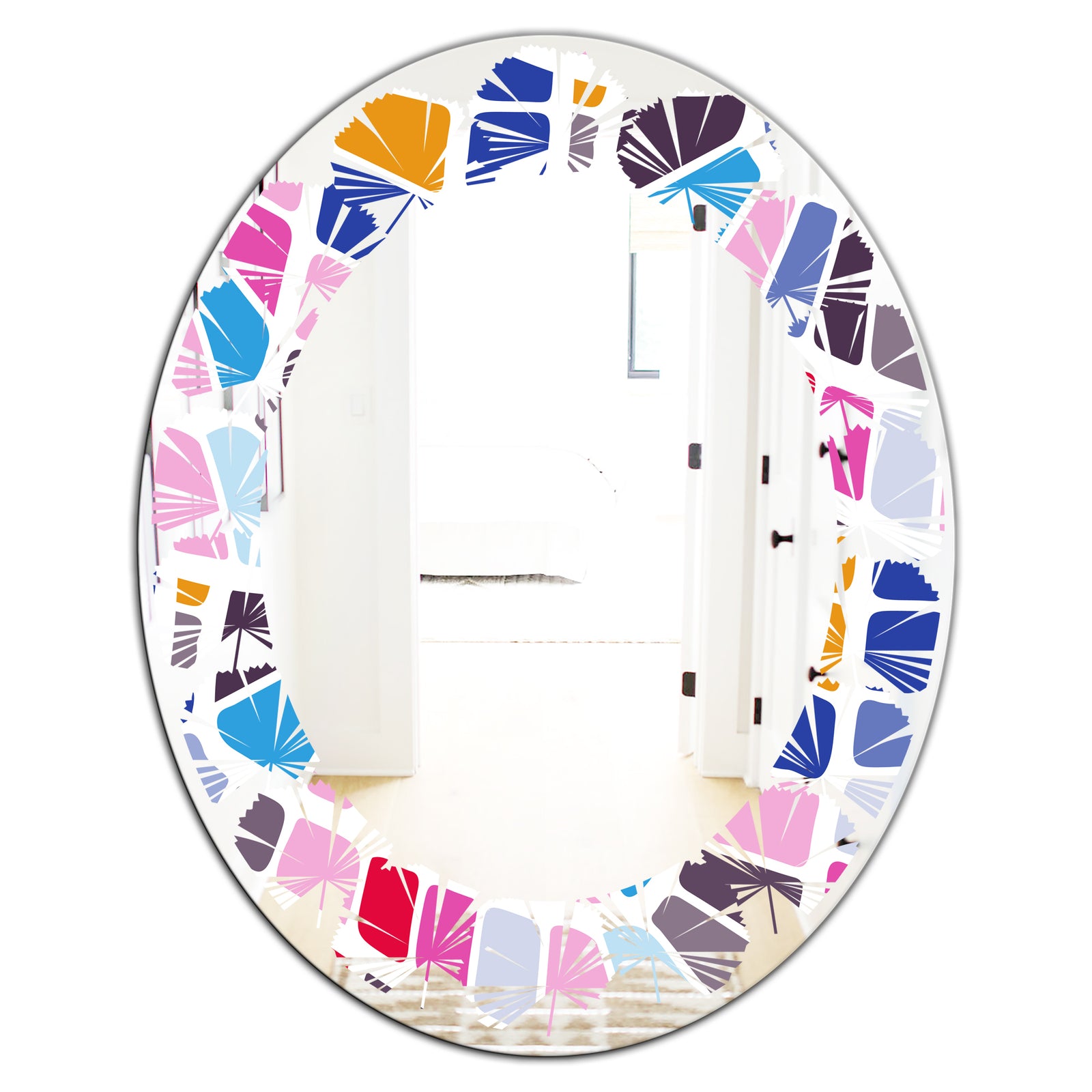 Abstract Retro Geometric Pattern I - Modern Round or Oval Wall Mirror - Leaves