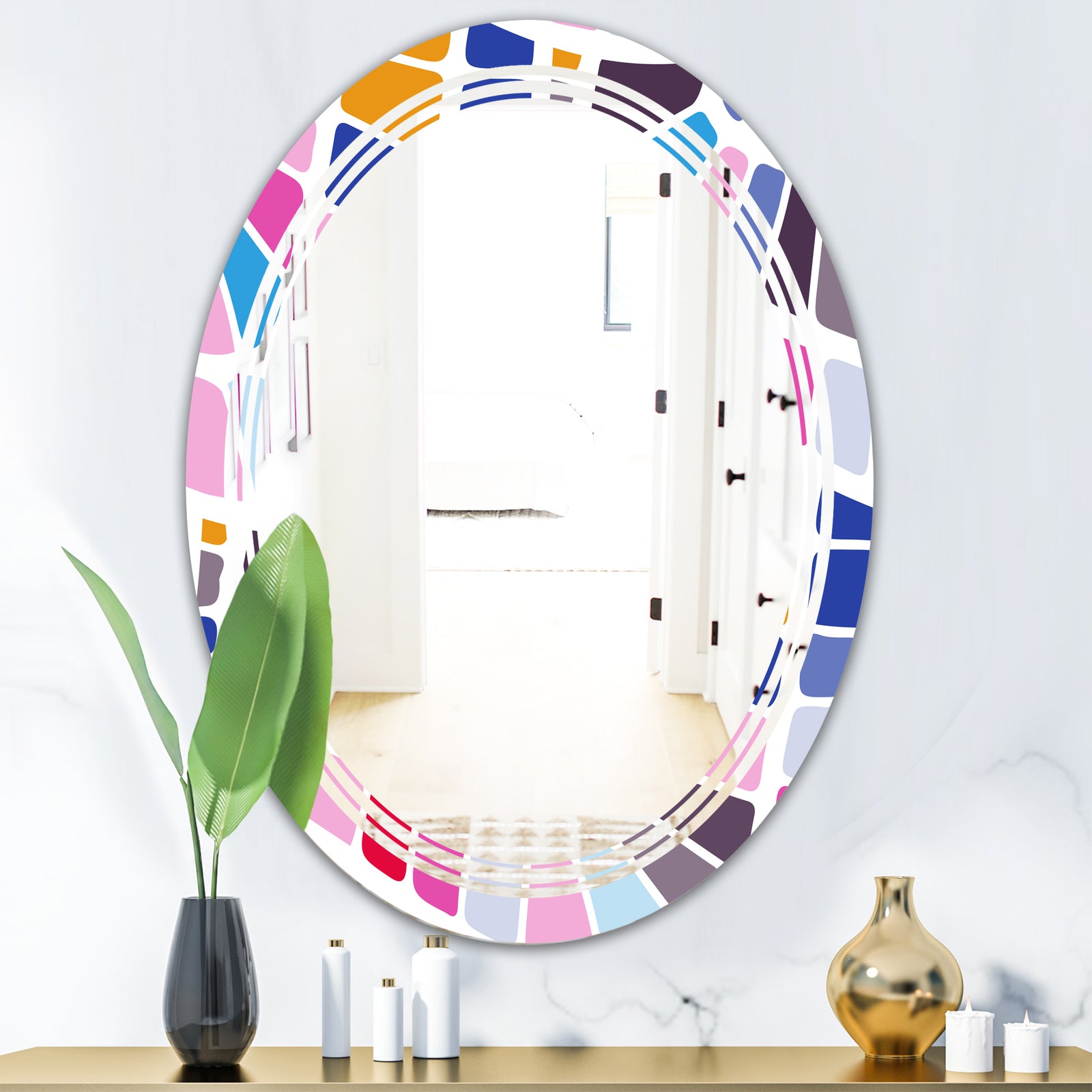 Abstract Retro Geometric Pattern I - Modern Round or Oval Wall Mirror - Triple C