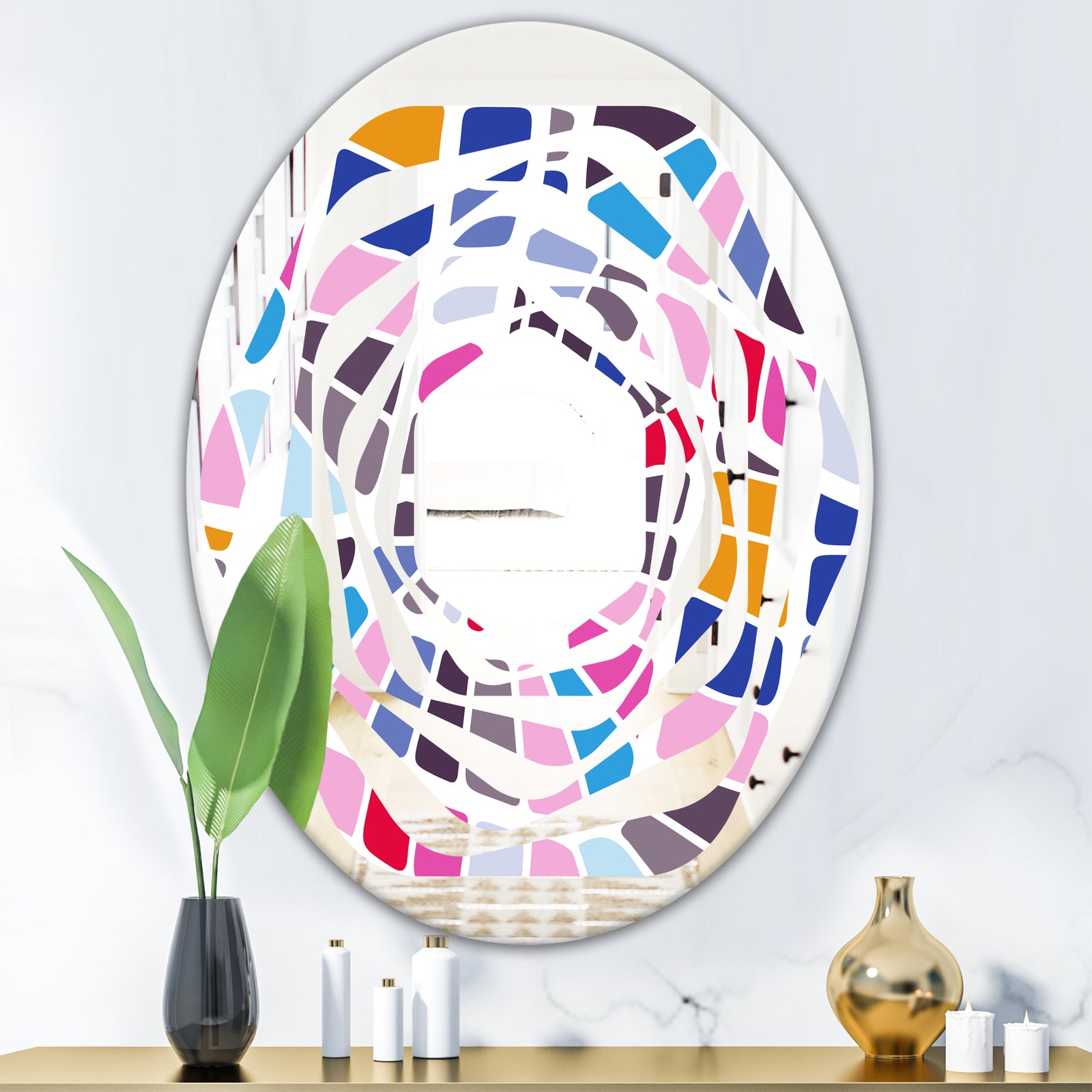 Abstract Retro Geometric Pattern I - Modern Round or Oval Wall Mirror - Whirl