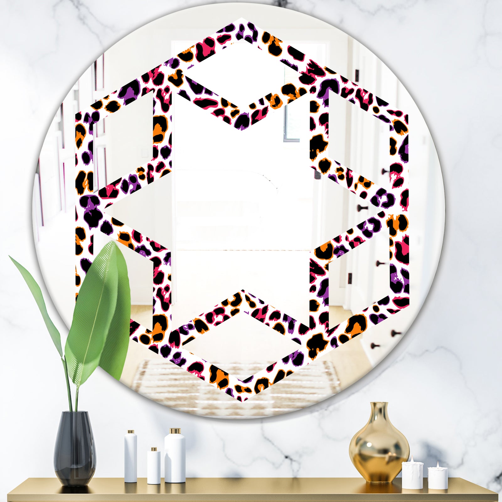 Leopard Fur Safari VII - Modern Round or Oval Wall Mirror - Hexagon Star