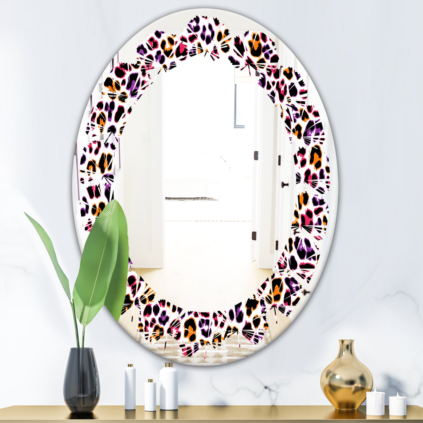 Leopard Fur Safari VII - Modern Round or Oval Wall Mirror - Leaves