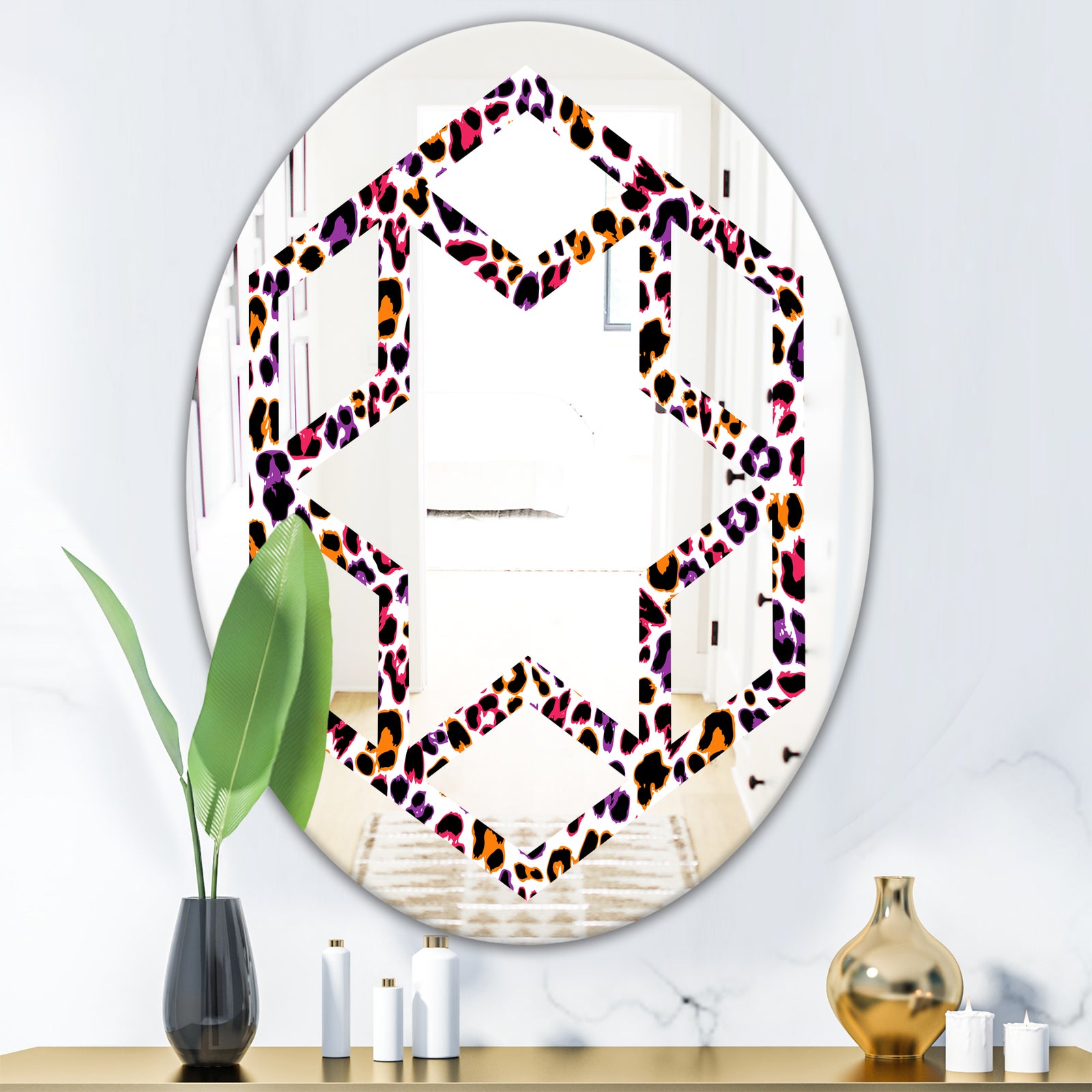 Leopard Fur Safari VII - Modern Round or Oval Wall Mirror - Hexagon Star