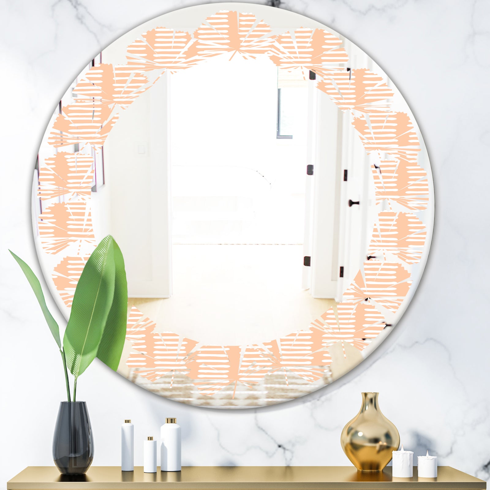 Retro Abstract Lines Pattern - Modern Round or Oval Wall Mirror - Leaves