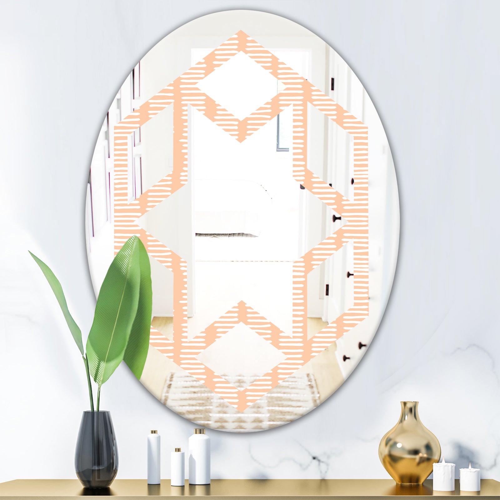 Retro Abstract Lines Pattern - Modern Round or Oval Wall Mirror - Hexagon Star