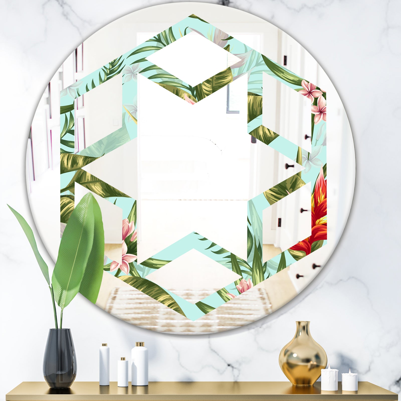 Tropical Foliage II - Modern Round or Oval Wall Mirror - Hexagon Star