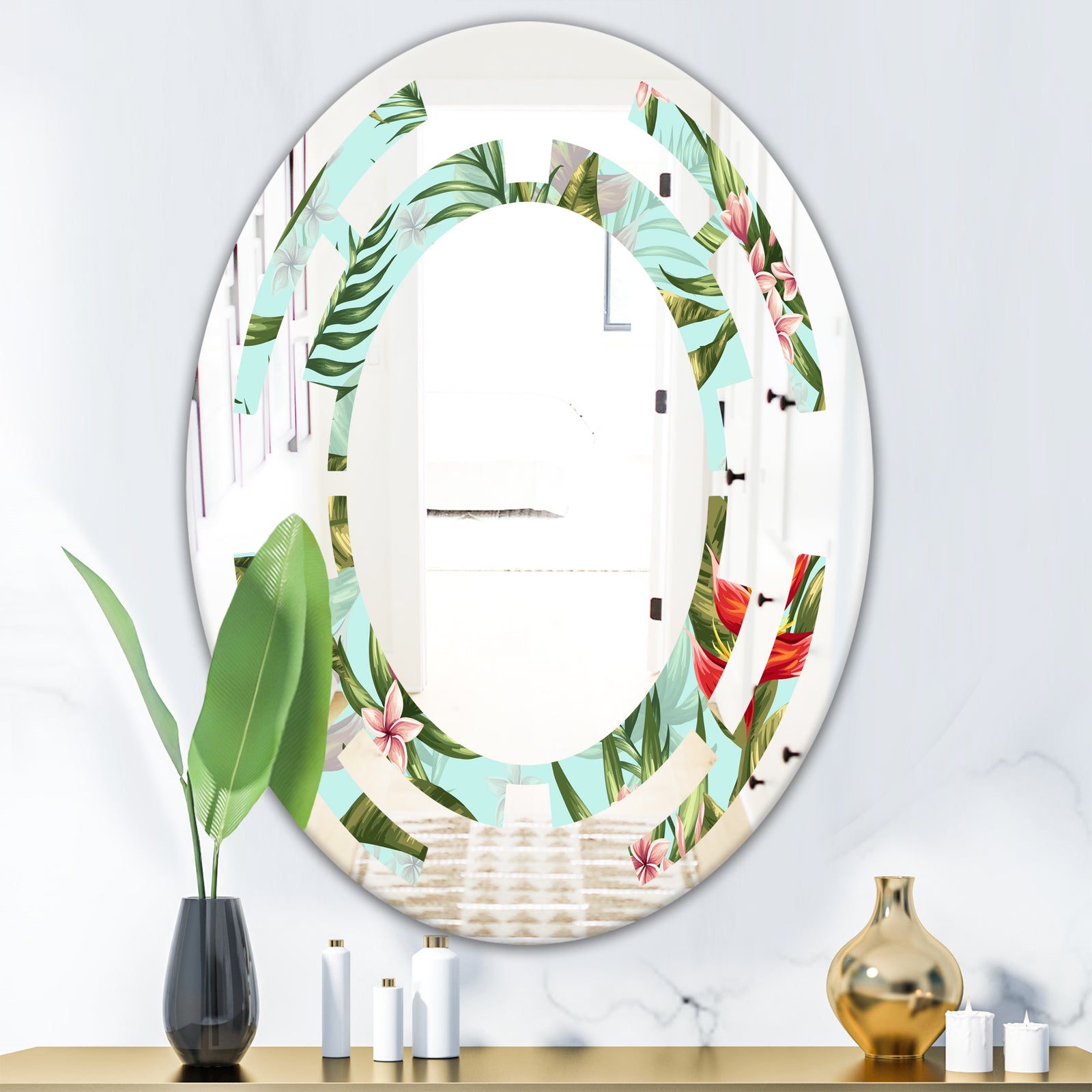 Tropical Foliage II - Modern Round or Oval Wall Mirror - Space
