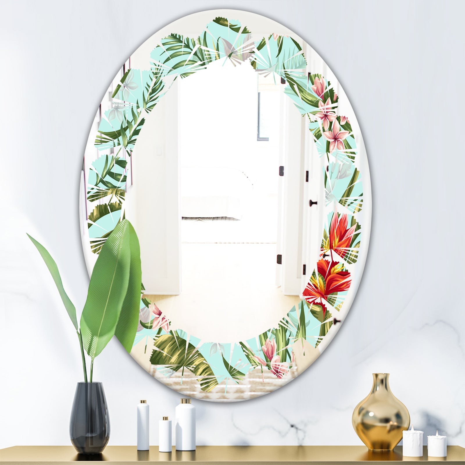 Tropical Foliage II - Modern Round or Oval Wall Mirror - Leaves