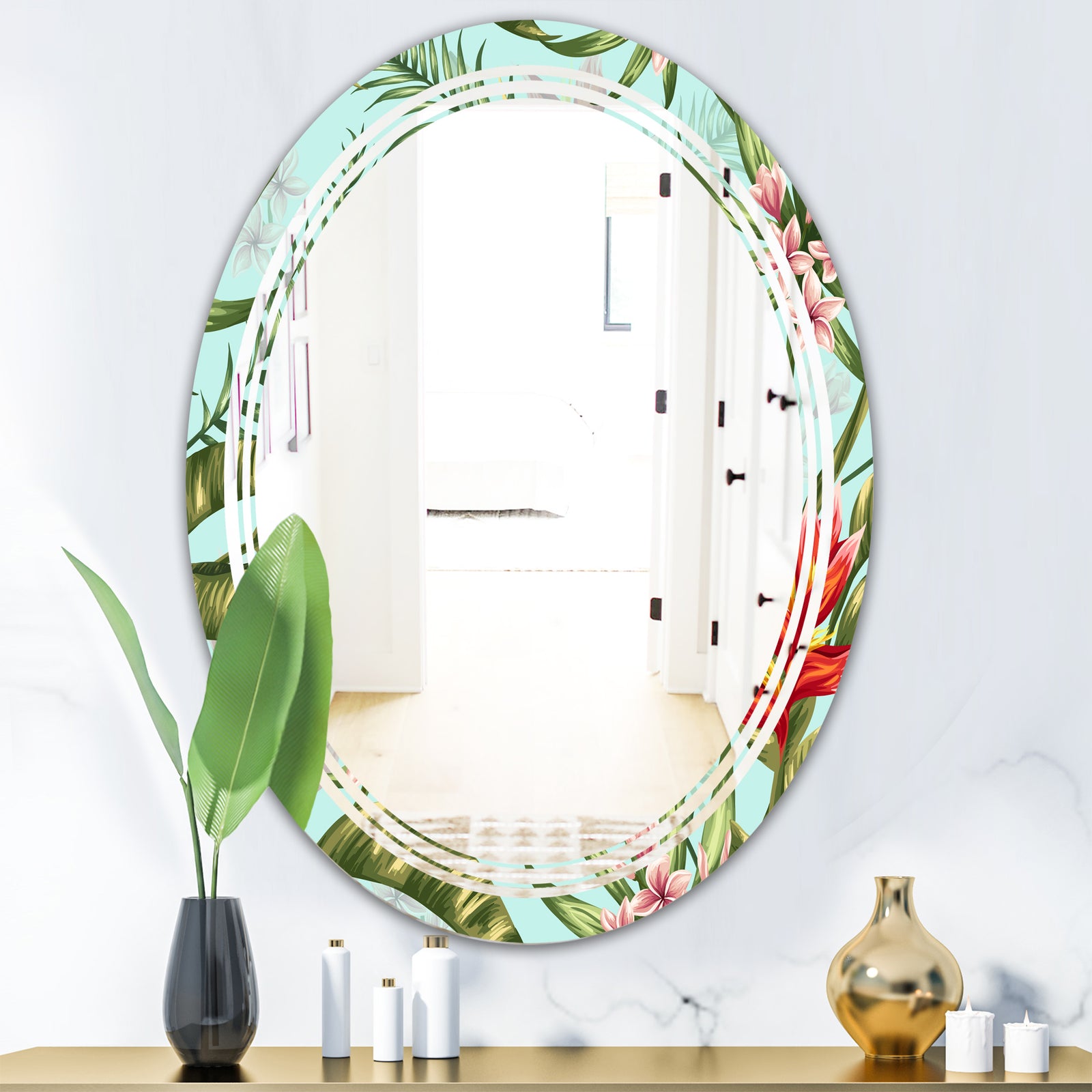 Tropical Foliage II - Modern Round or Oval Wall Mirror - Triple C