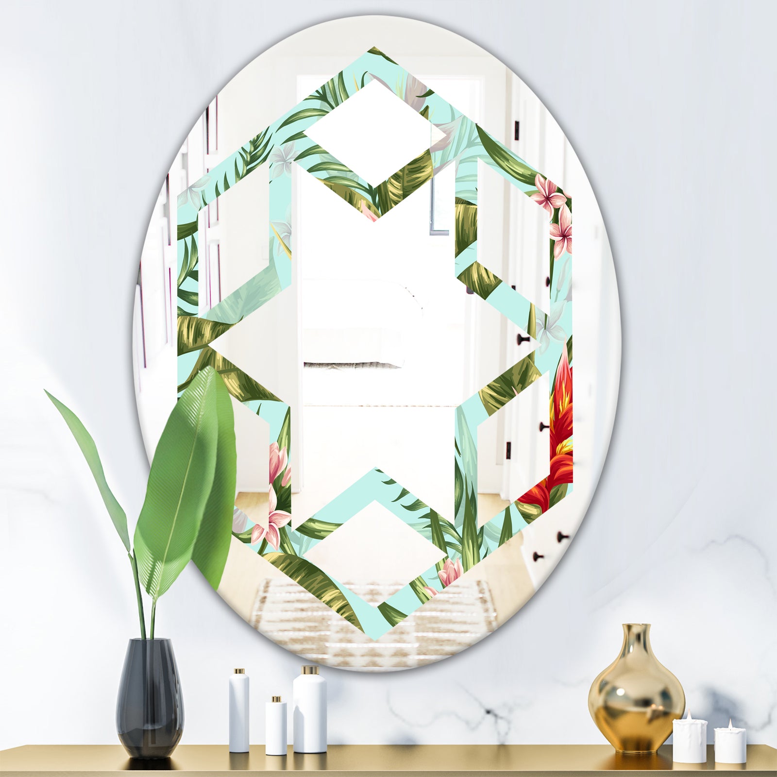 Tropical Foliage II - Modern Round or Oval Wall Mirror - Hexagon Star