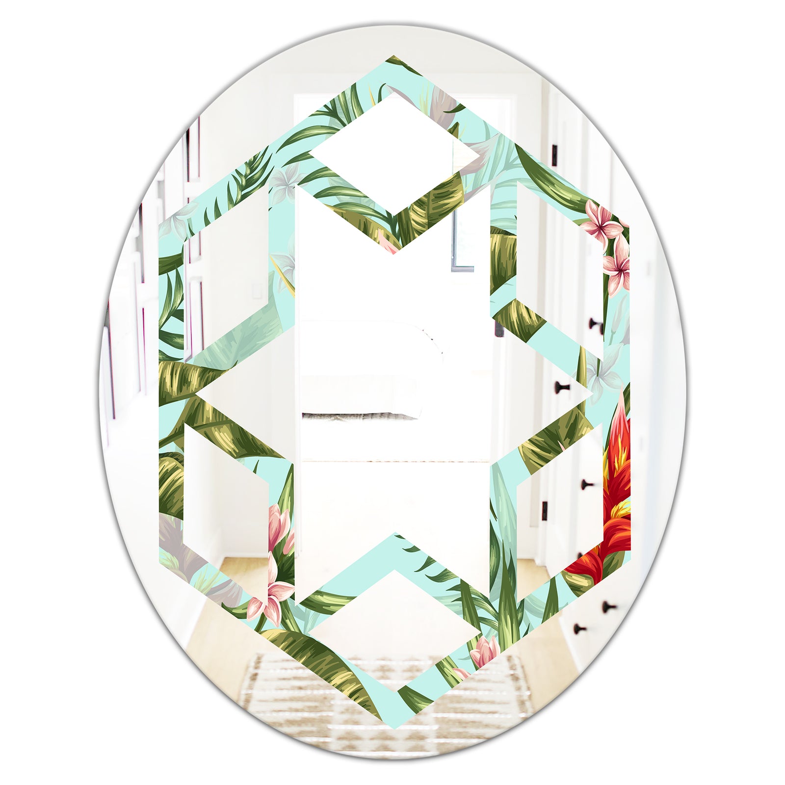 Tropical Foliage II - Modern Round or Oval Wall Mirror - Hexagon Star