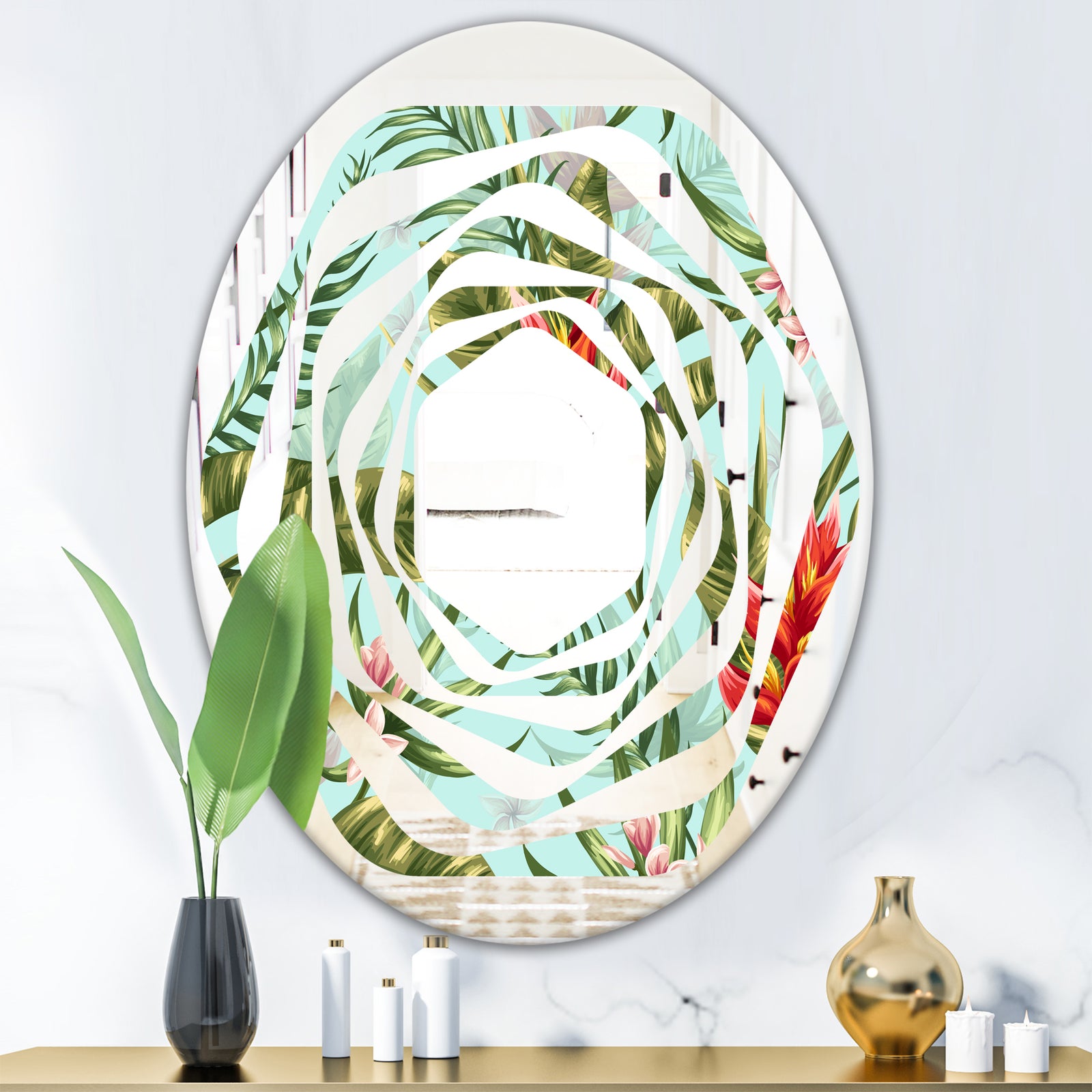 Tropical Foliage II - Modern Round or Oval Wall Mirror - Whirl