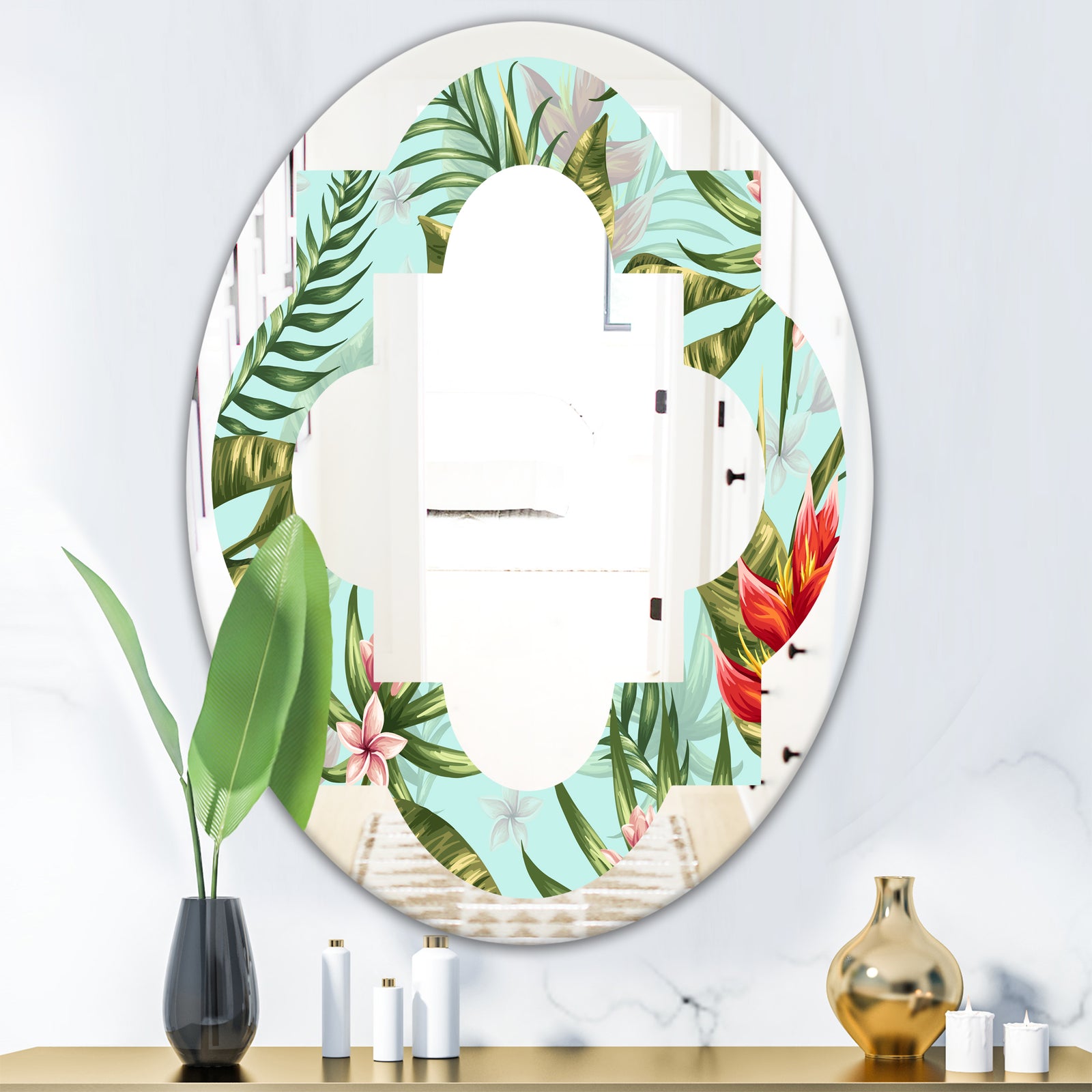 Tropical Foliage II - Modern Round or Oval Wall Mirror - Quatrefoil
