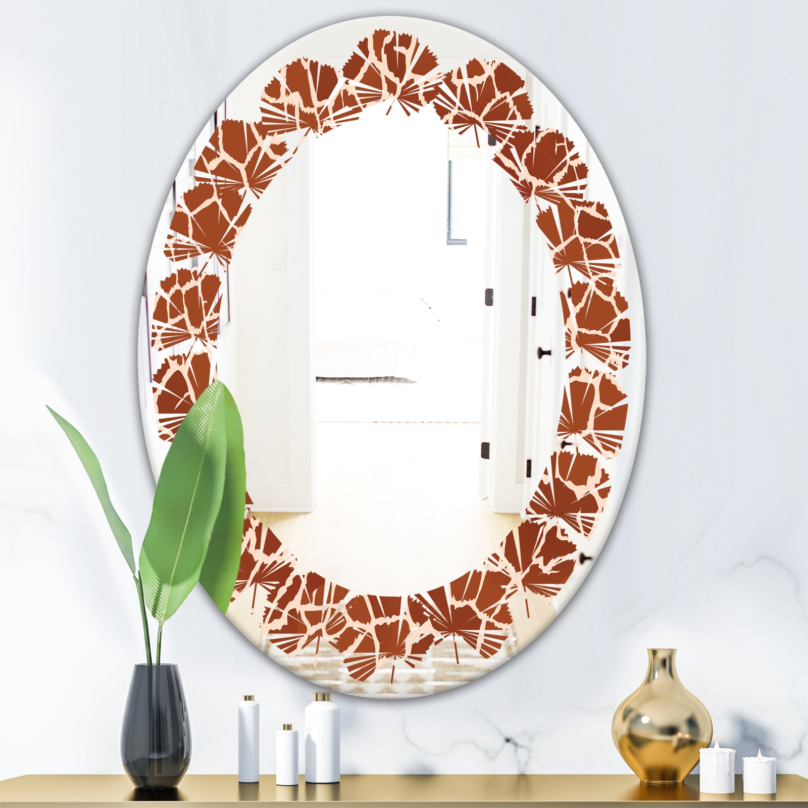 Leopard Fur Safari I - Modern Round or Oval Wall Mirror - Leaves