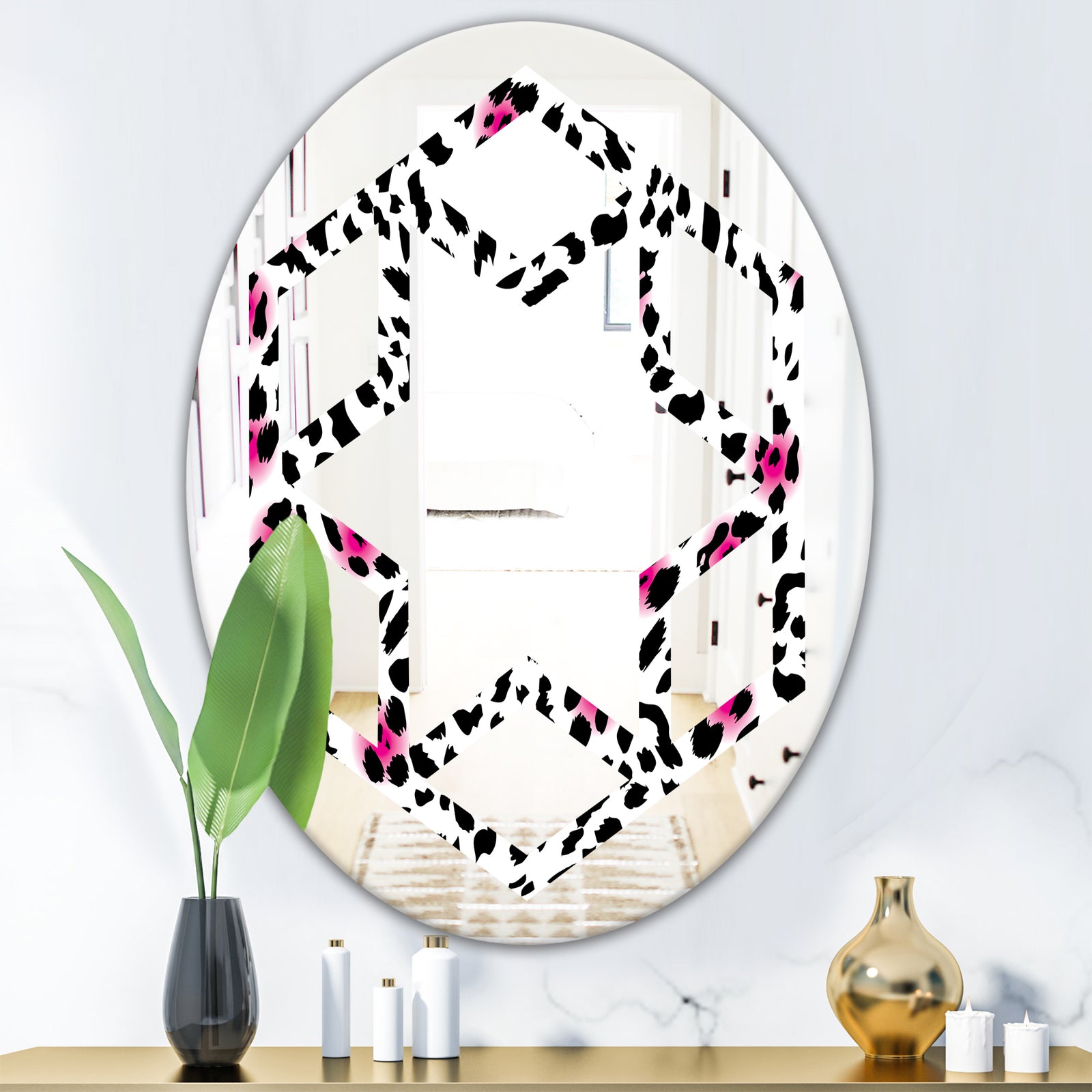 Glam Leopard Pattern - Modern Round or Oval Wall Mirror - Hexagon Star