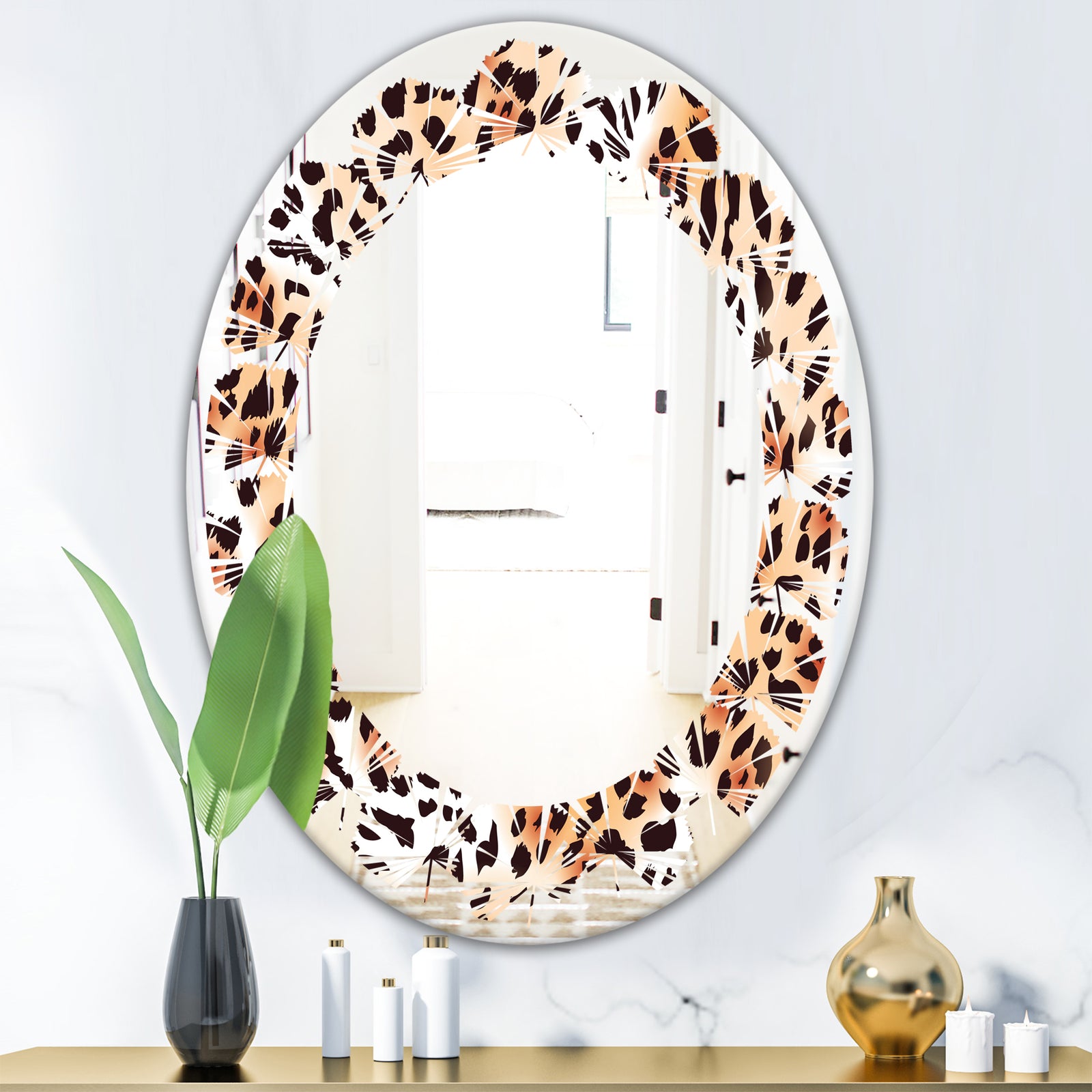 Leopard Fur Safari II - Modern Round or Oval Wall Mirror - Leaves