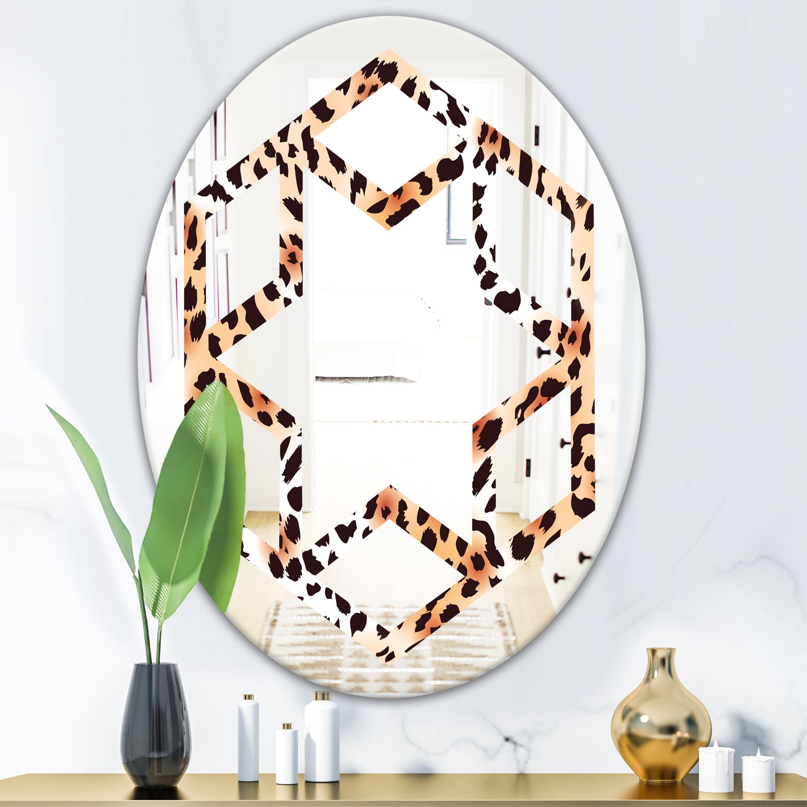 Leopard Fur Safari II - Modern Round or Oval Wall Mirror - Hexagon Star