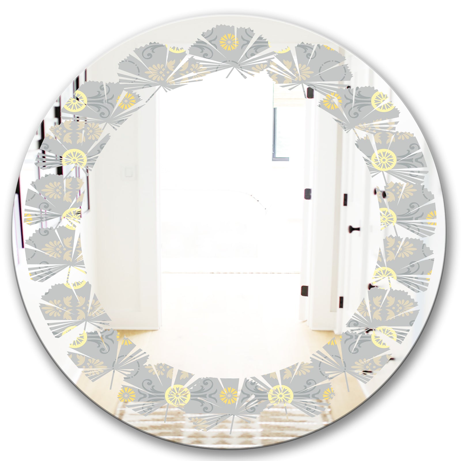 Golden Cornflower Pattern - Modern Round or Oval Wall Mirror - Leaves