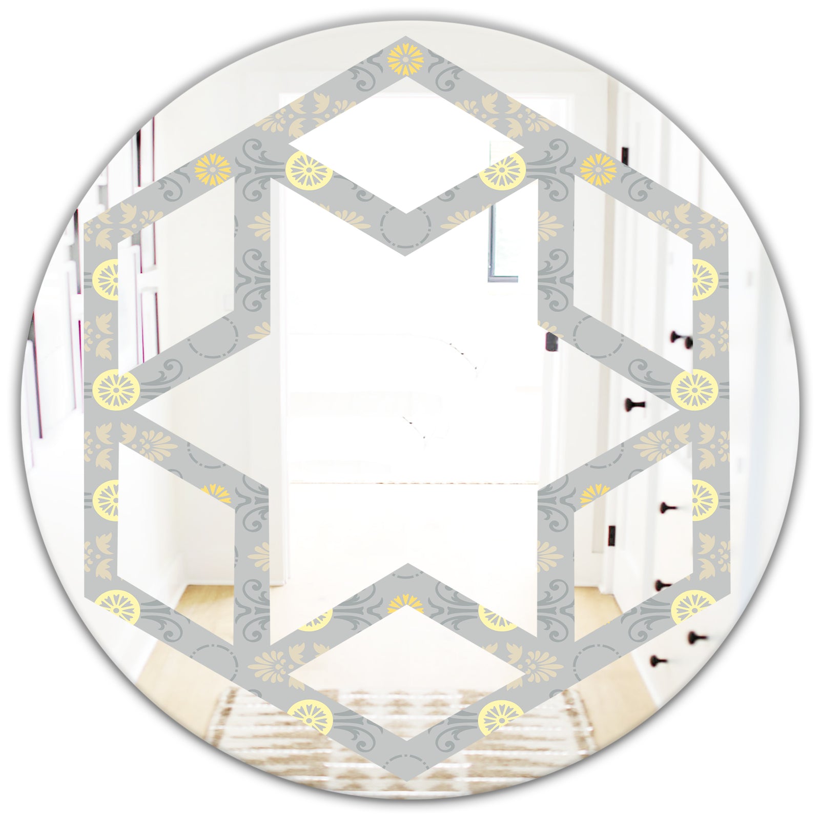 Golden Cornflower Pattern - Modern Round or Oval Wall Mirror - Hexagon Star