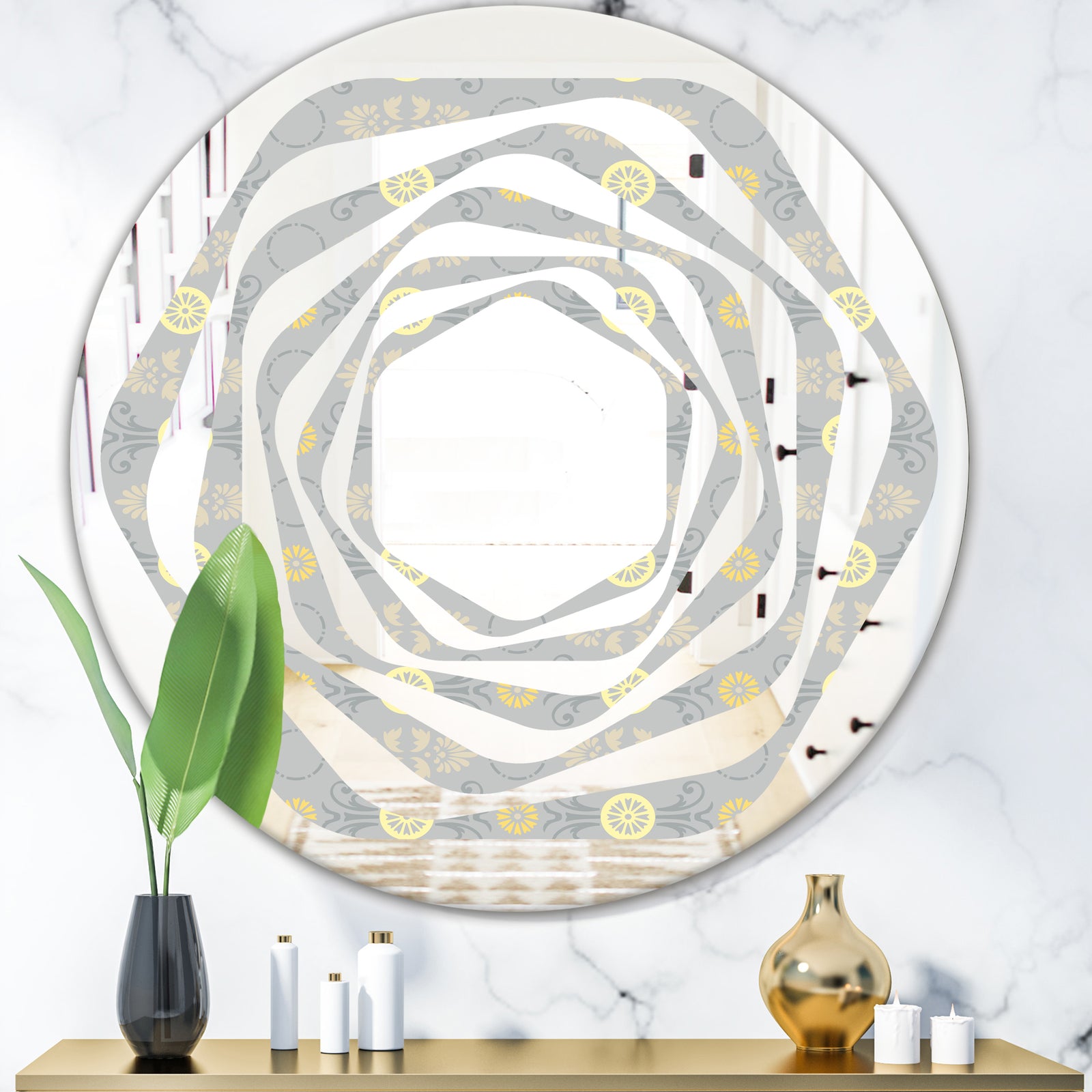 Golden Cornflower Pattern - Modern Round or Oval Wall Mirror - Whirl