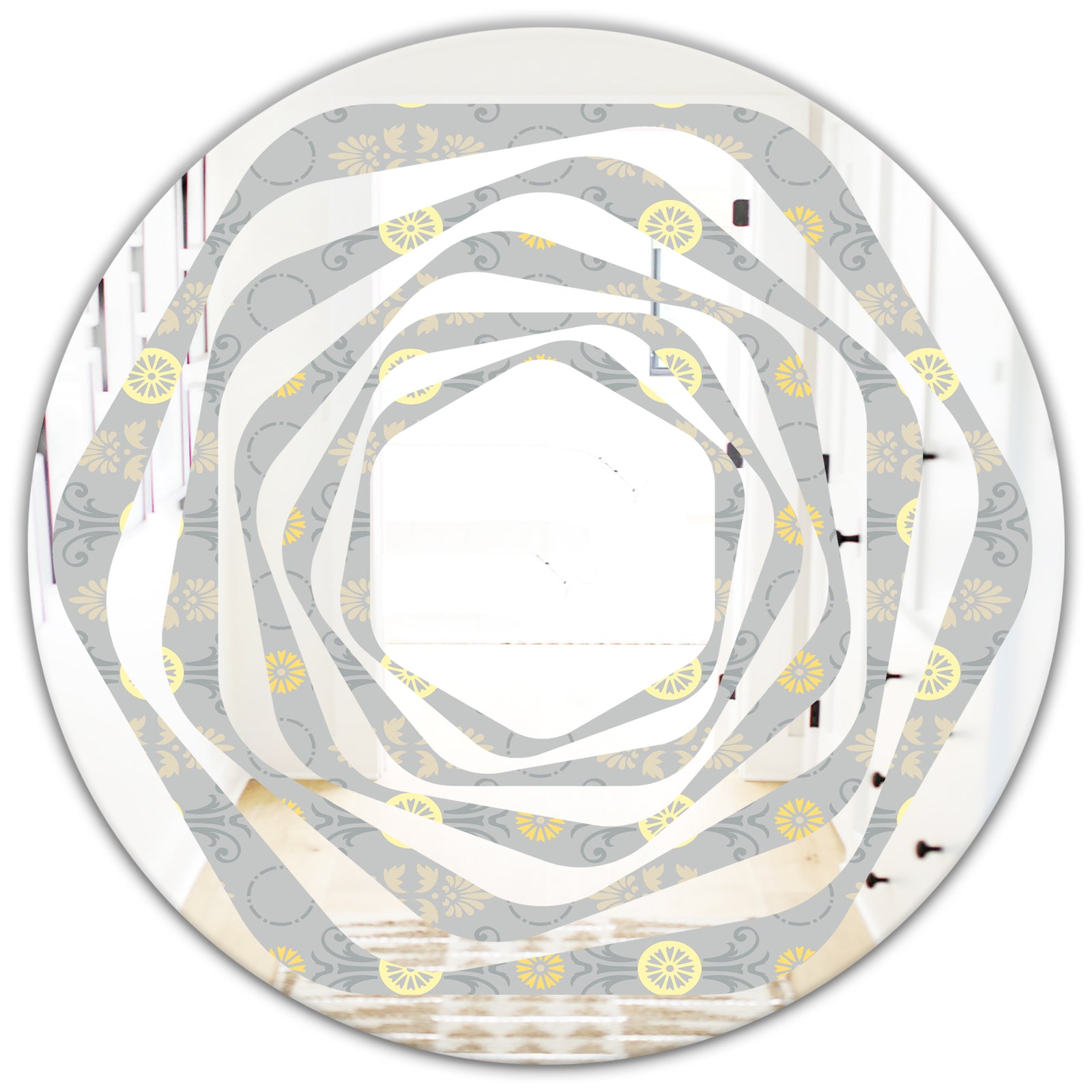 Golden Cornflower Pattern - Modern Round or Oval Wall Mirror - Whirl