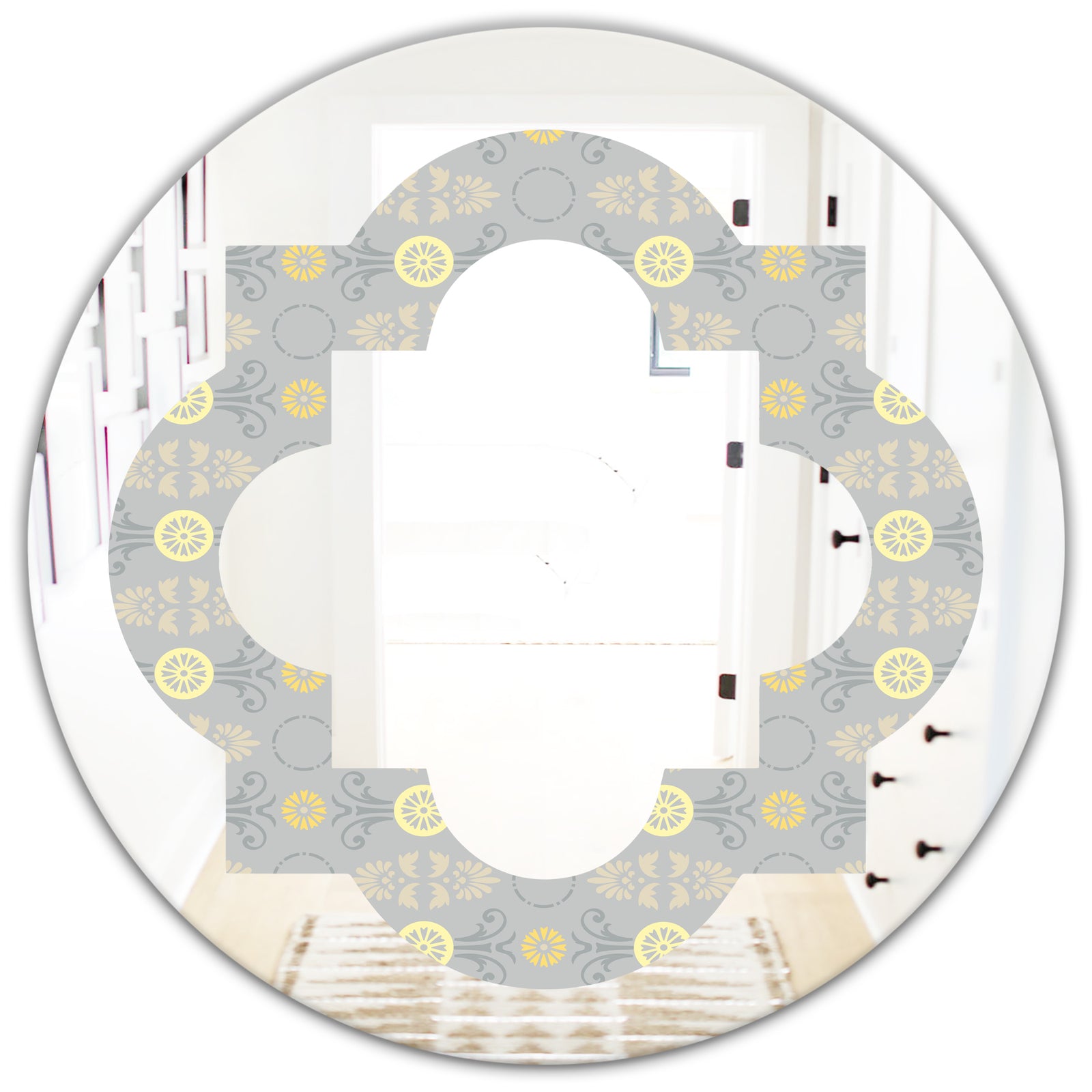 Golden Cornflower Pattern - Modern Round or Oval Wall Mirror - Quatrefoil