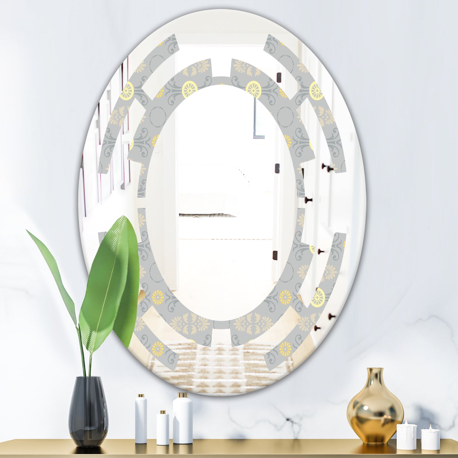 Golden Cornflower Pattern - Modern Round or Oval Wall Mirror - Space