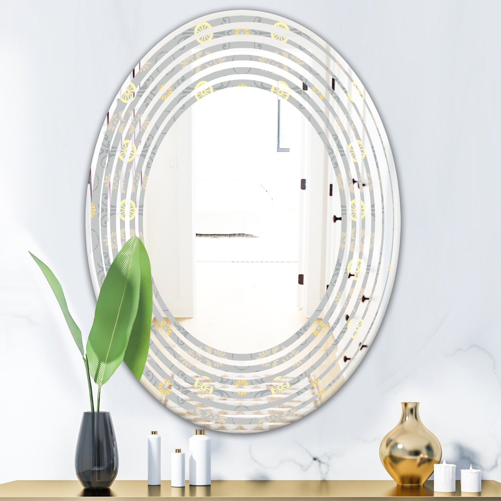 Golden Cornflower Pattern - Modern Round or Oval Wall Mirror - Wave