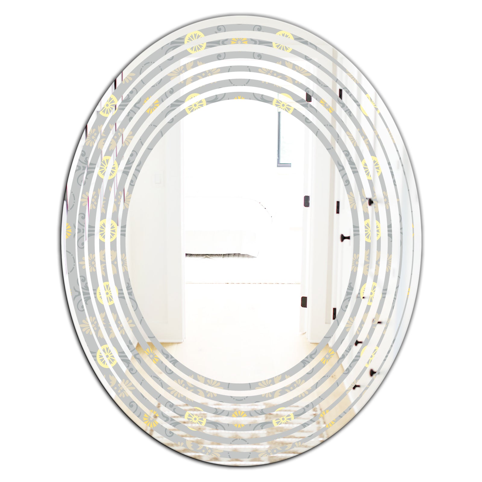 Golden Cornflower Pattern - Modern Round or Oval Wall Mirror - Wave