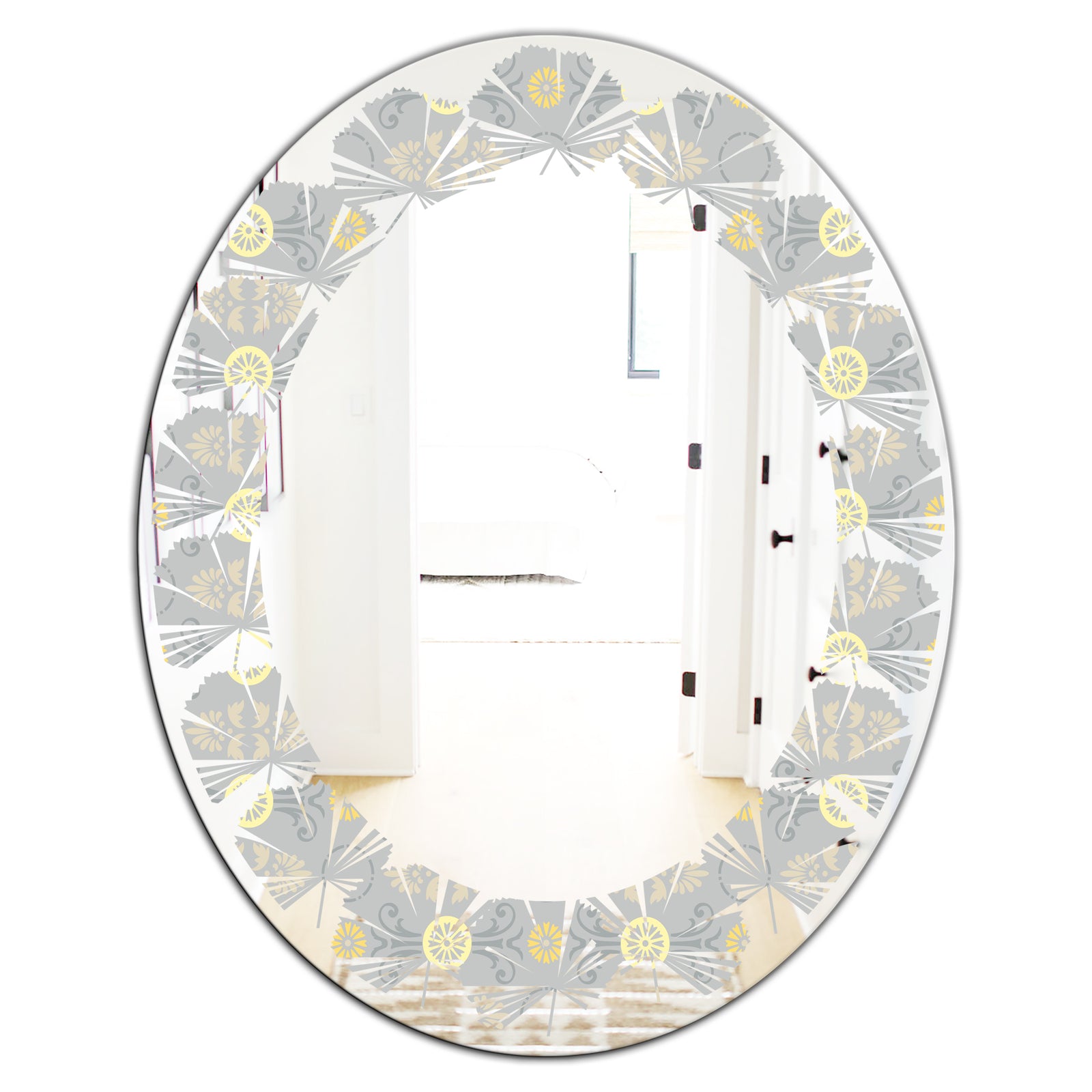 Golden Cornflower Pattern - Modern Round or Oval Wall Mirror - Leaves