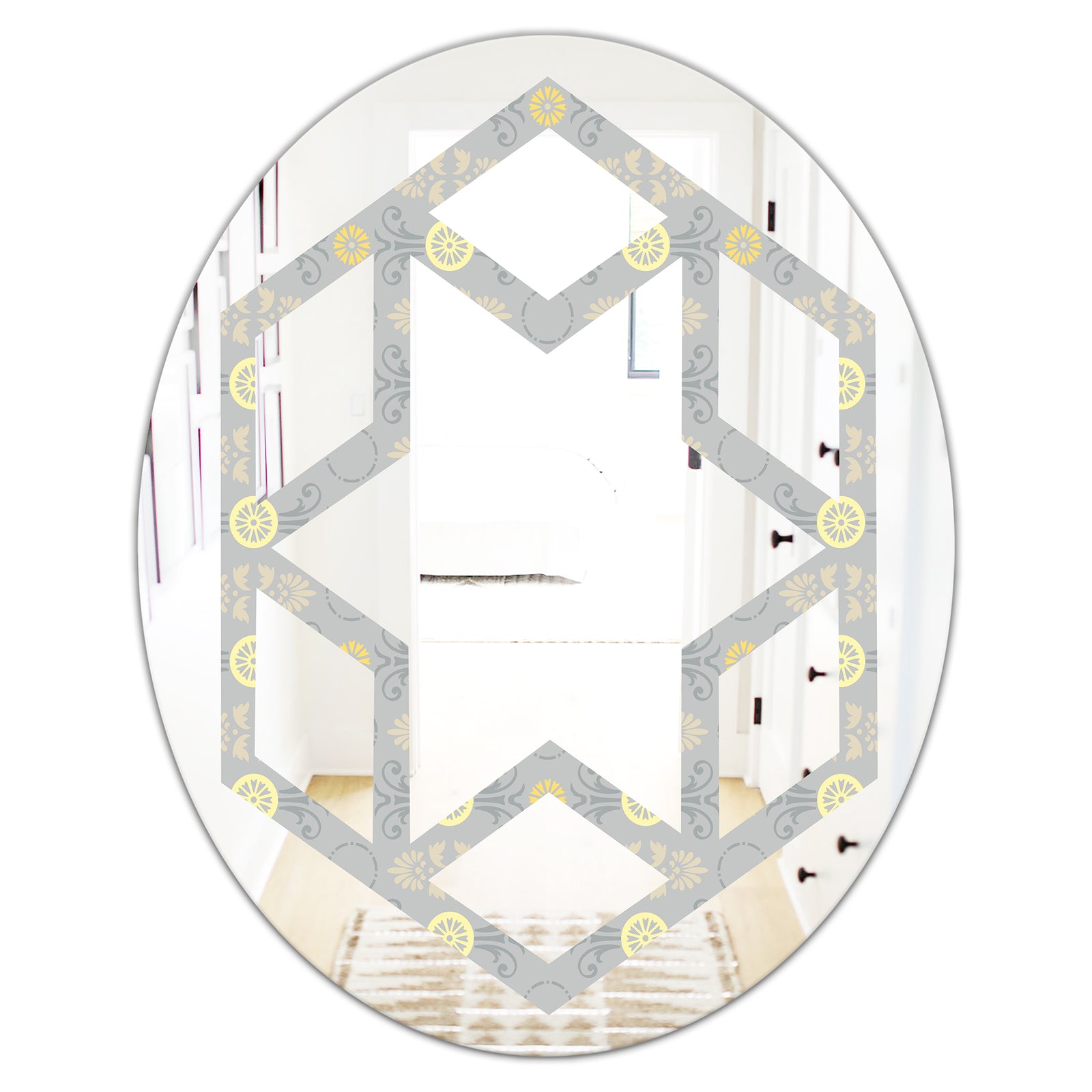 Golden Cornflower Pattern - Modern Round or Oval Wall Mirror - Hexagon Star