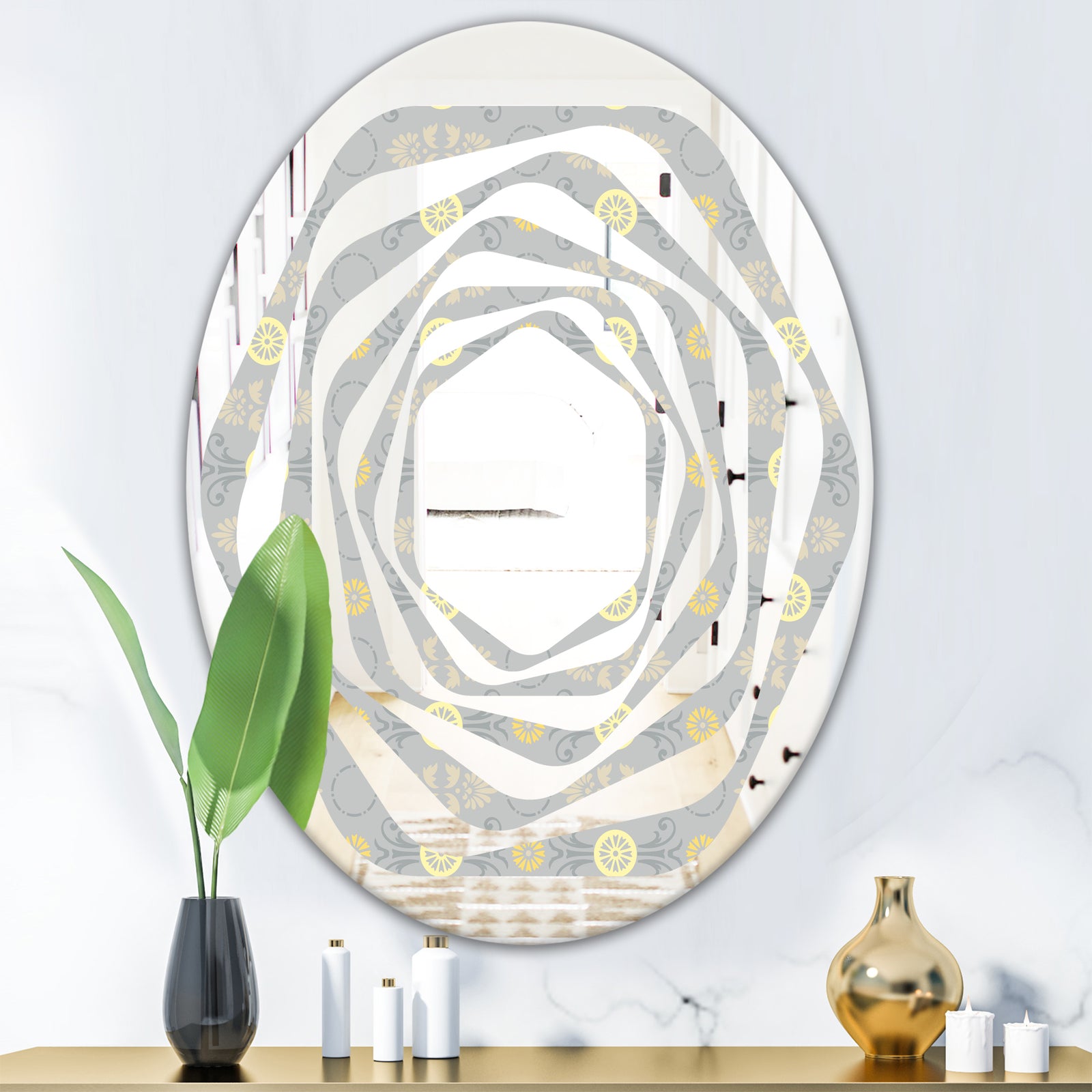 Golden Cornflower Pattern - Modern Round or Oval Wall Mirror - Whirl