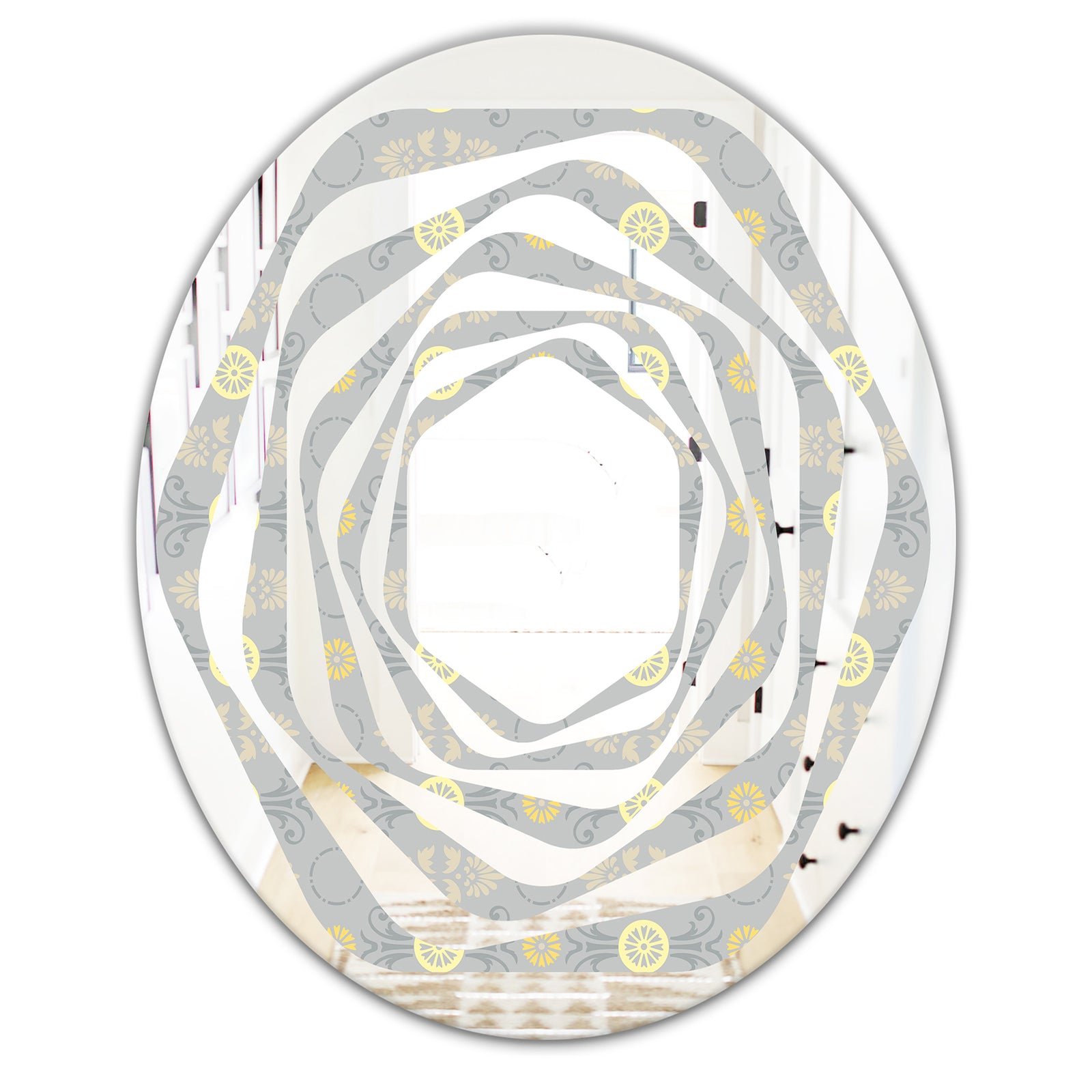 Golden Cornflower Pattern - Modern Round or Oval Wall Mirror - Whirl