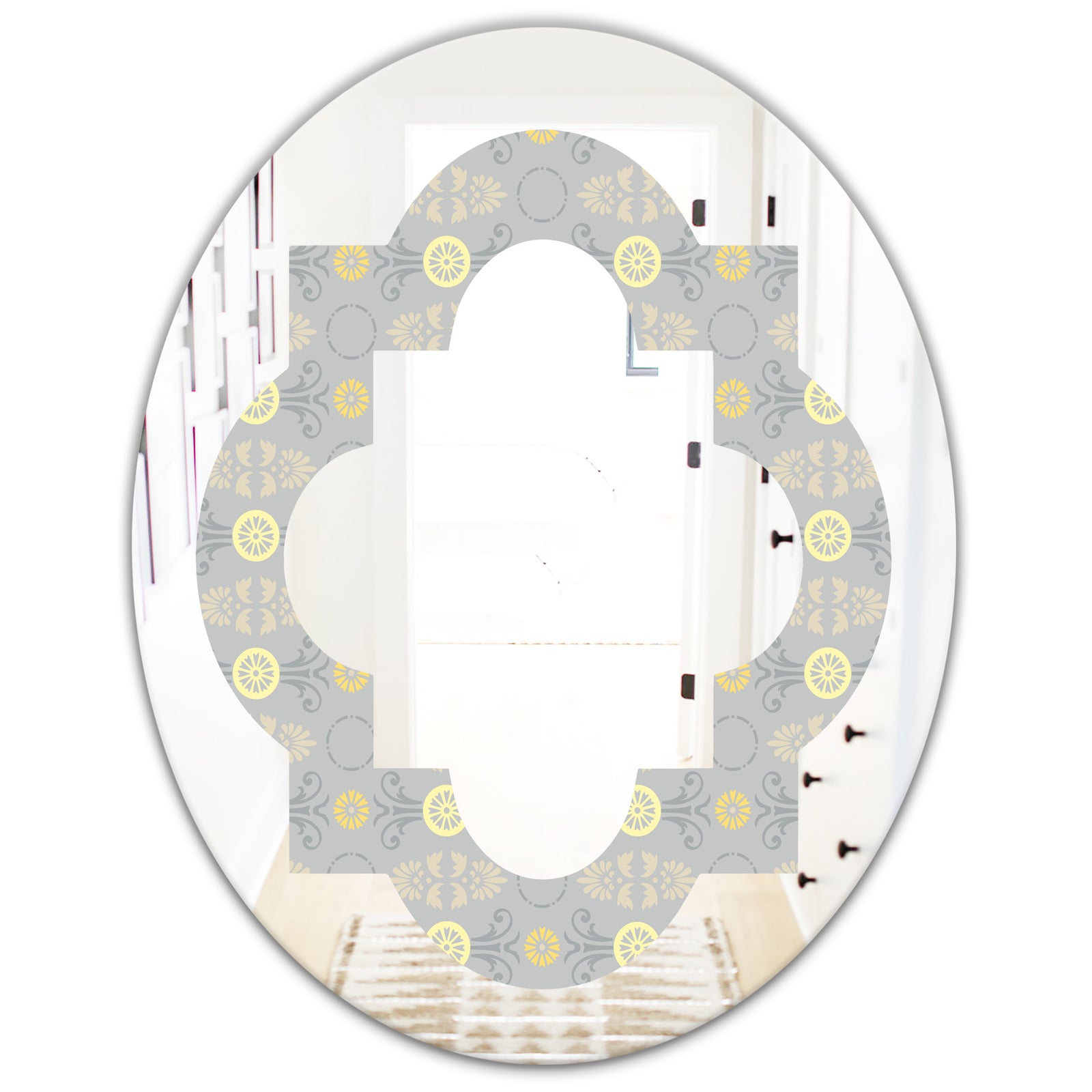 Golden Cornflower Pattern - Modern Round or Oval Wall Mirror - Quatrefoil