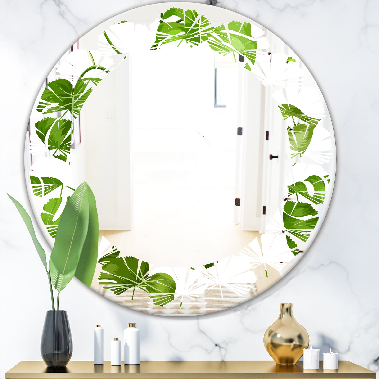 Tropical Palm Leaves II - Modern Round or Oval Wall Mirror - Leaves