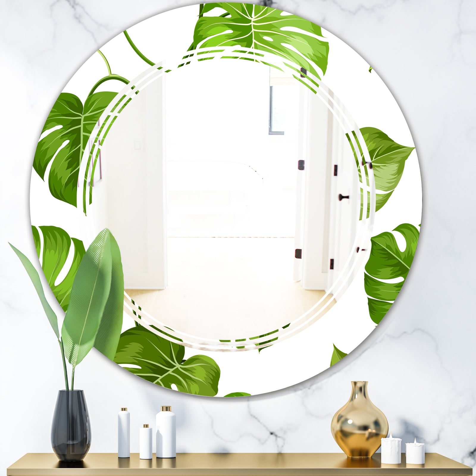Tropical Palm Leaves II - Modern Round or Oval Wall Mirror - Triple C