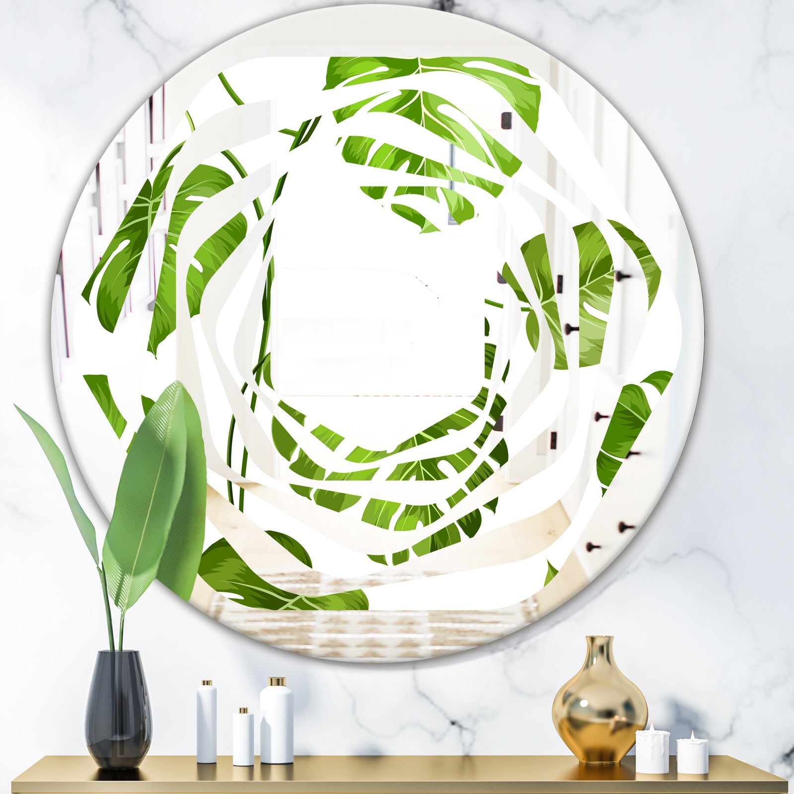 Tropical Palm Leaves II - Modern Round or Oval Wall Mirror - Whirl