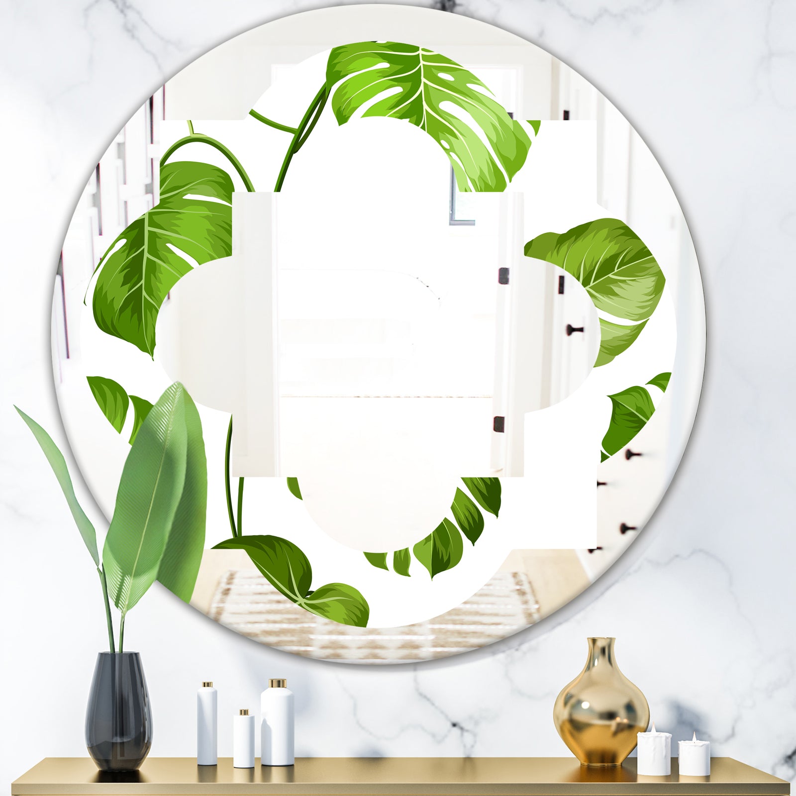 Tropical Palm Leaves II - Modern Round or Oval Wall Mirror - Quatrefoil