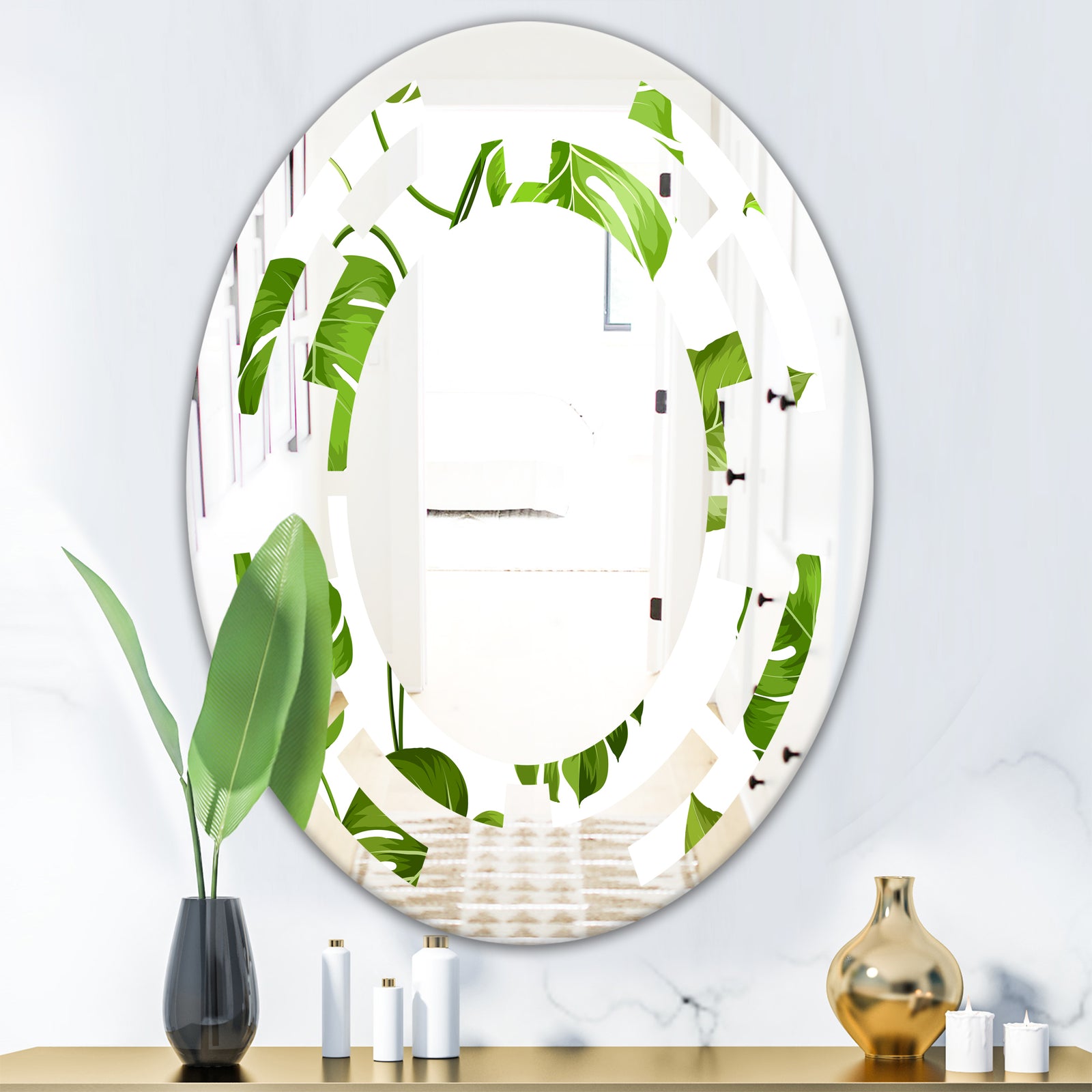Tropical Palm Leaves II - Modern Round or Oval Wall Mirror - Space