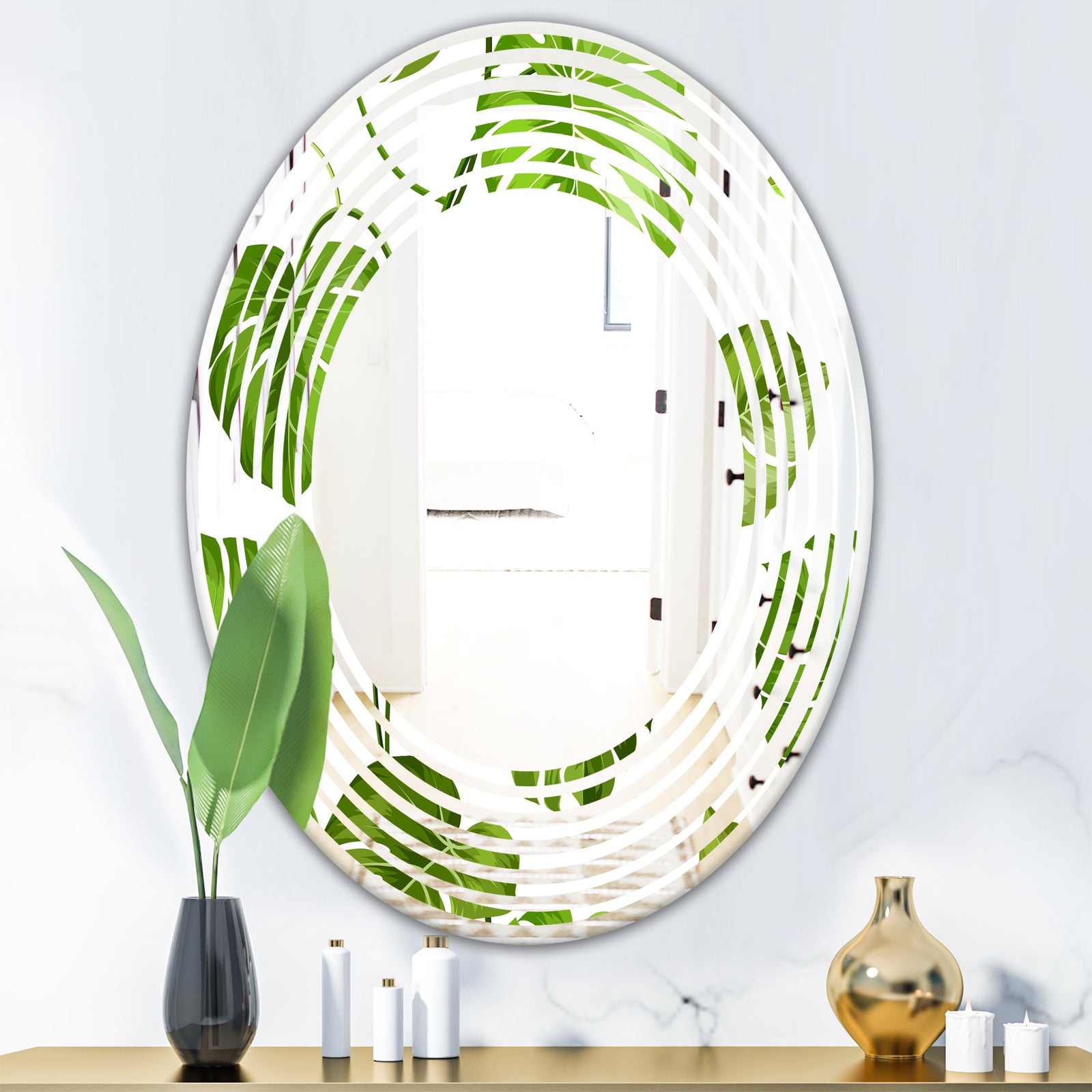 Tropical Palm Leaves II - Modern Round or Oval Wall Mirror - Wave