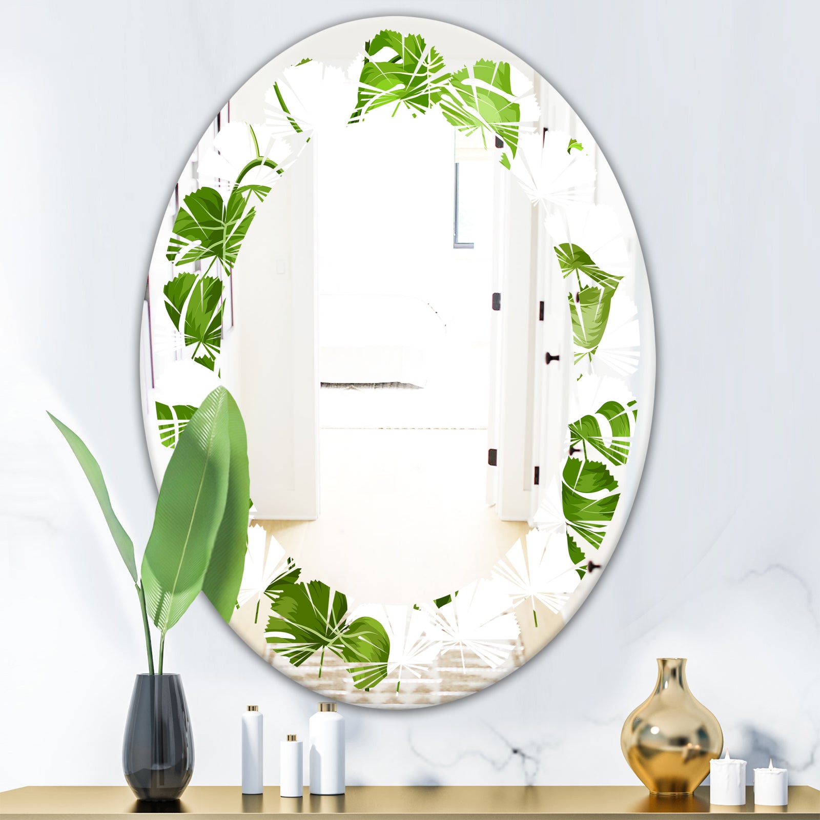 Tropical Palm Leaves II - Modern Round or Oval Wall Mirror - Leaves
