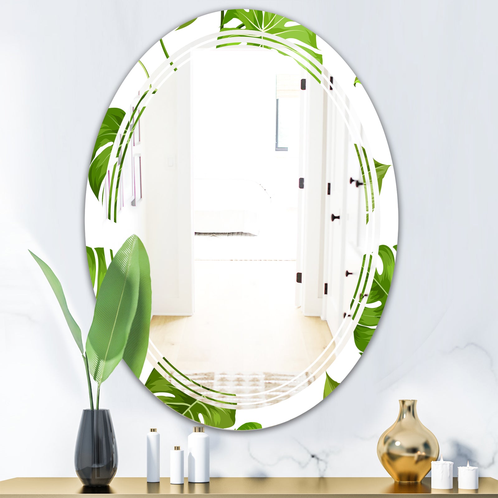 Tropical Palm Leaves II - Modern Round or Oval Wall Mirror - Triple C