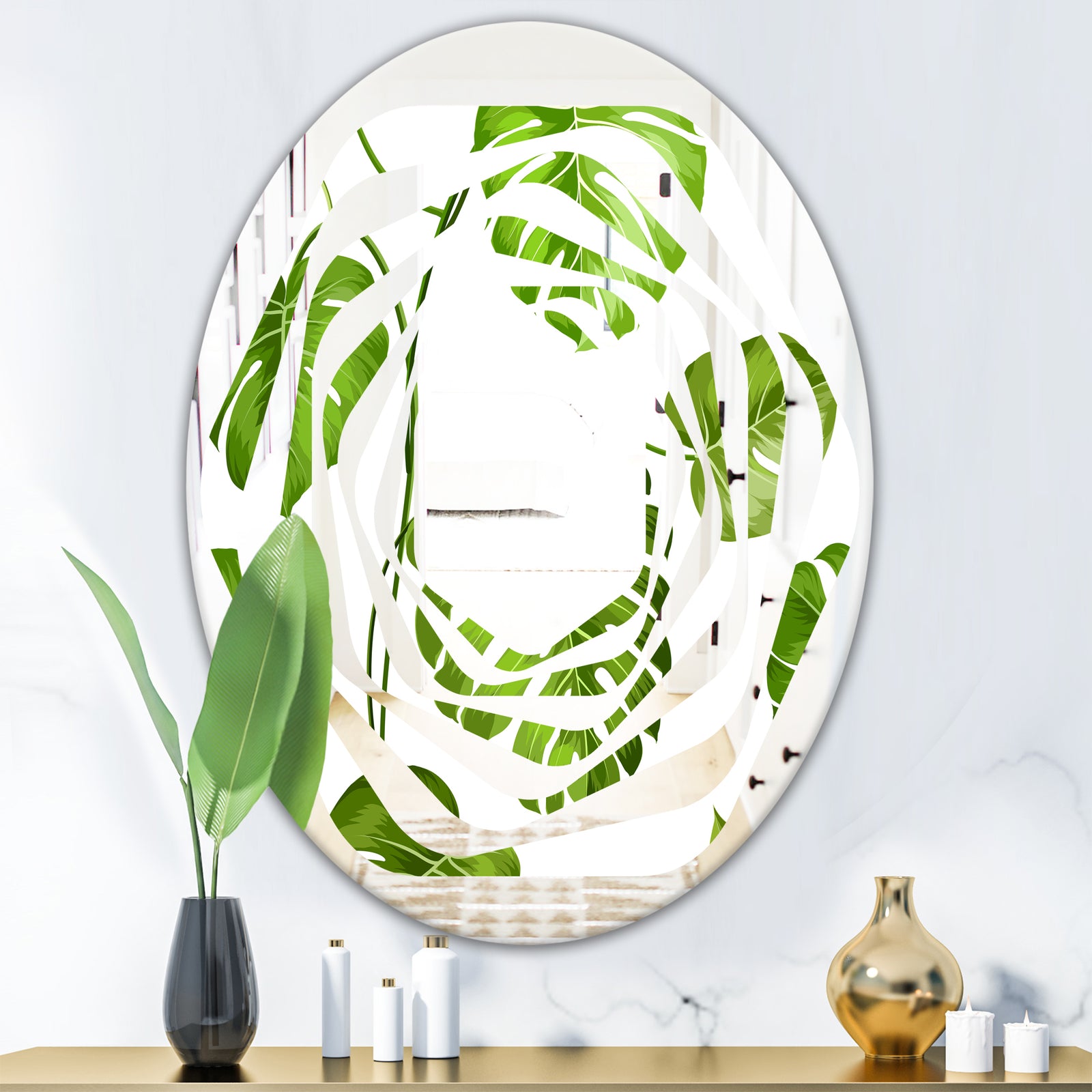 Tropical Palm Leaves II - Modern Round or Oval Wall Mirror - Whirl