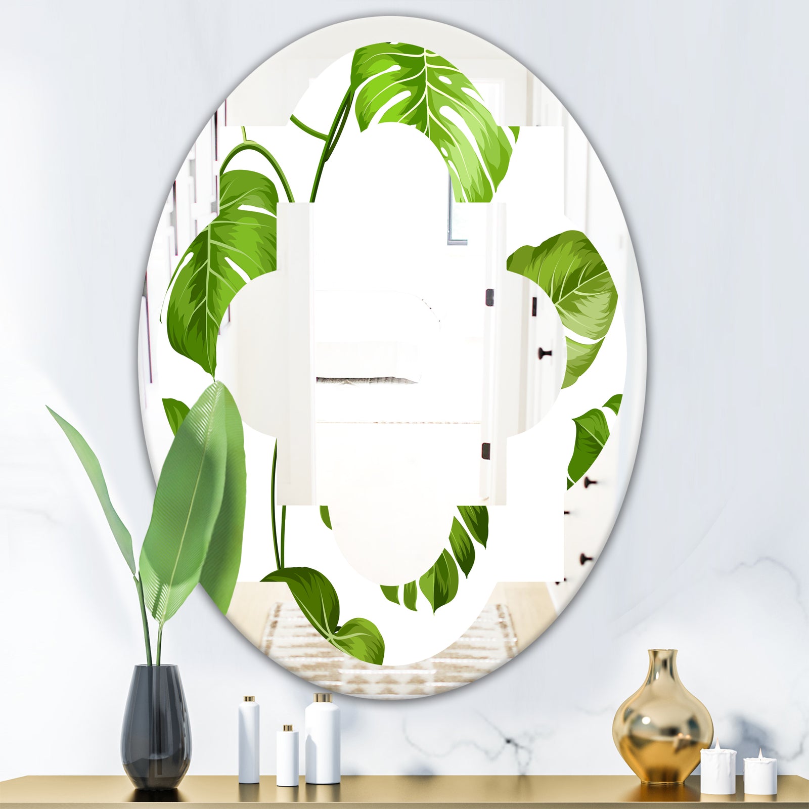 Tropical Palm Leaves II - Modern Round or Oval Wall Mirror - Quatrefoil