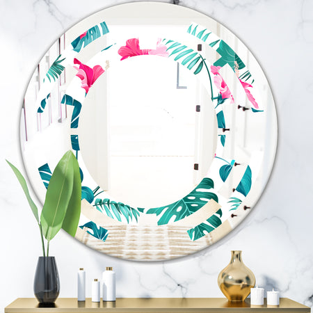 Tropical Botanicals and Flowers - Modern Round or Oval Wall Mirror - Space