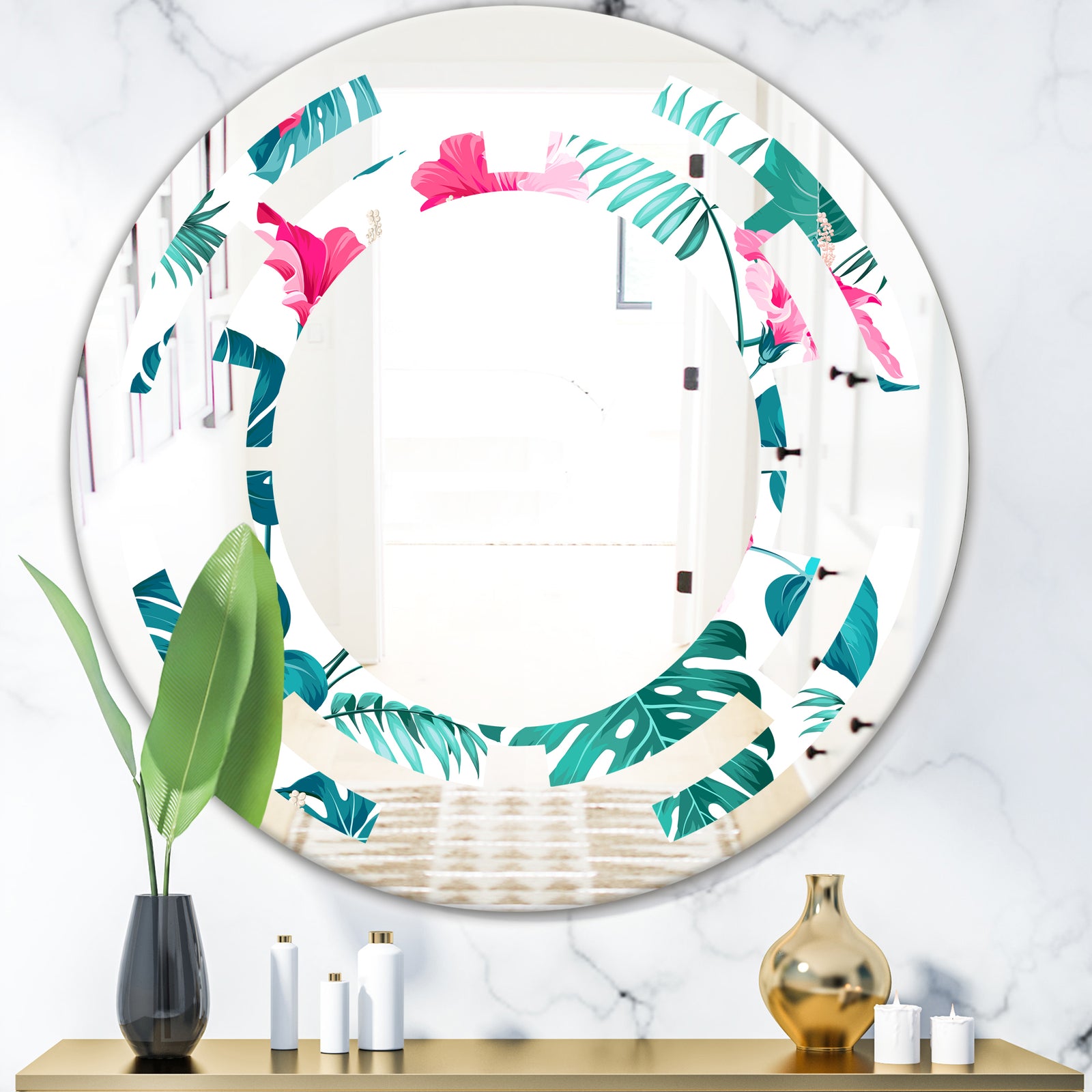 Tropical Botanicals and Flowers - Modern Round or Oval Wall Mirror - Space